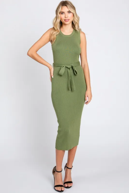 Olive Rib Knit Sleeveless Midi Dress sold by Pinkblush