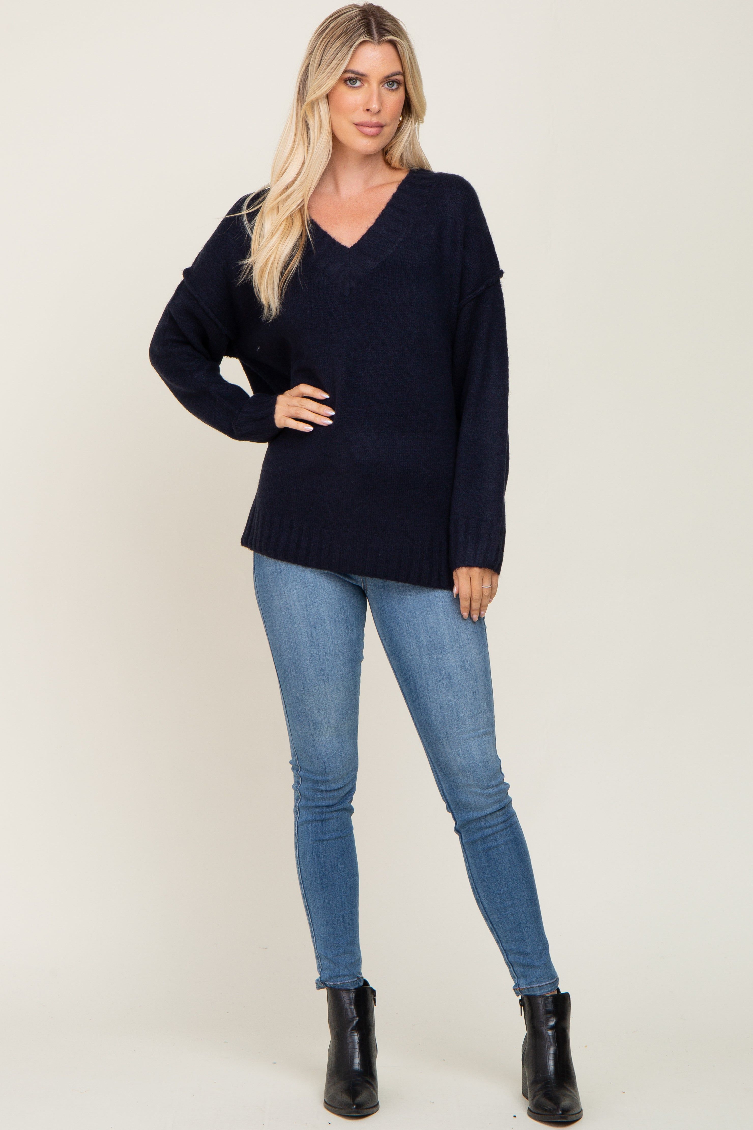 Navy V-Neck Brushed Knit Sweater sold by Pinkblush product image thumbnail 4