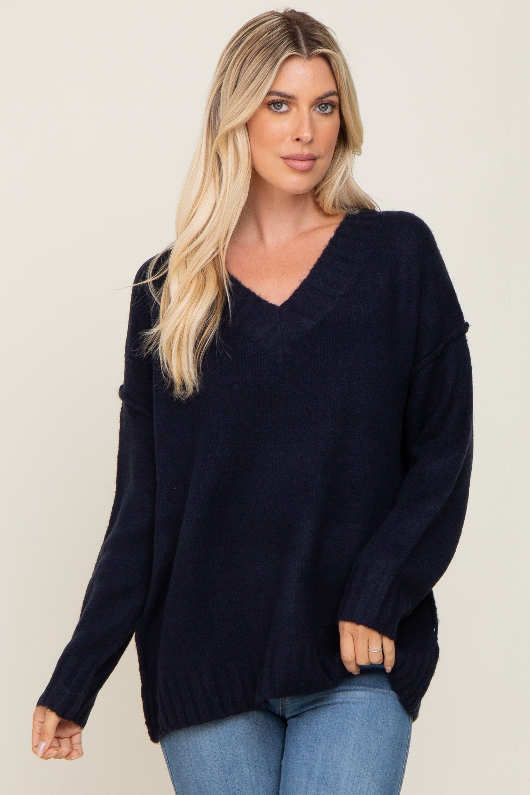 Navy V-Neck Brushed Knit Sweater sold by Pinkblush