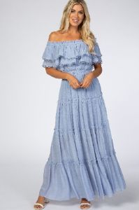 Light Blue Off Shoulder Eyelet Tiered Maxi Dress sold by Pinkblush