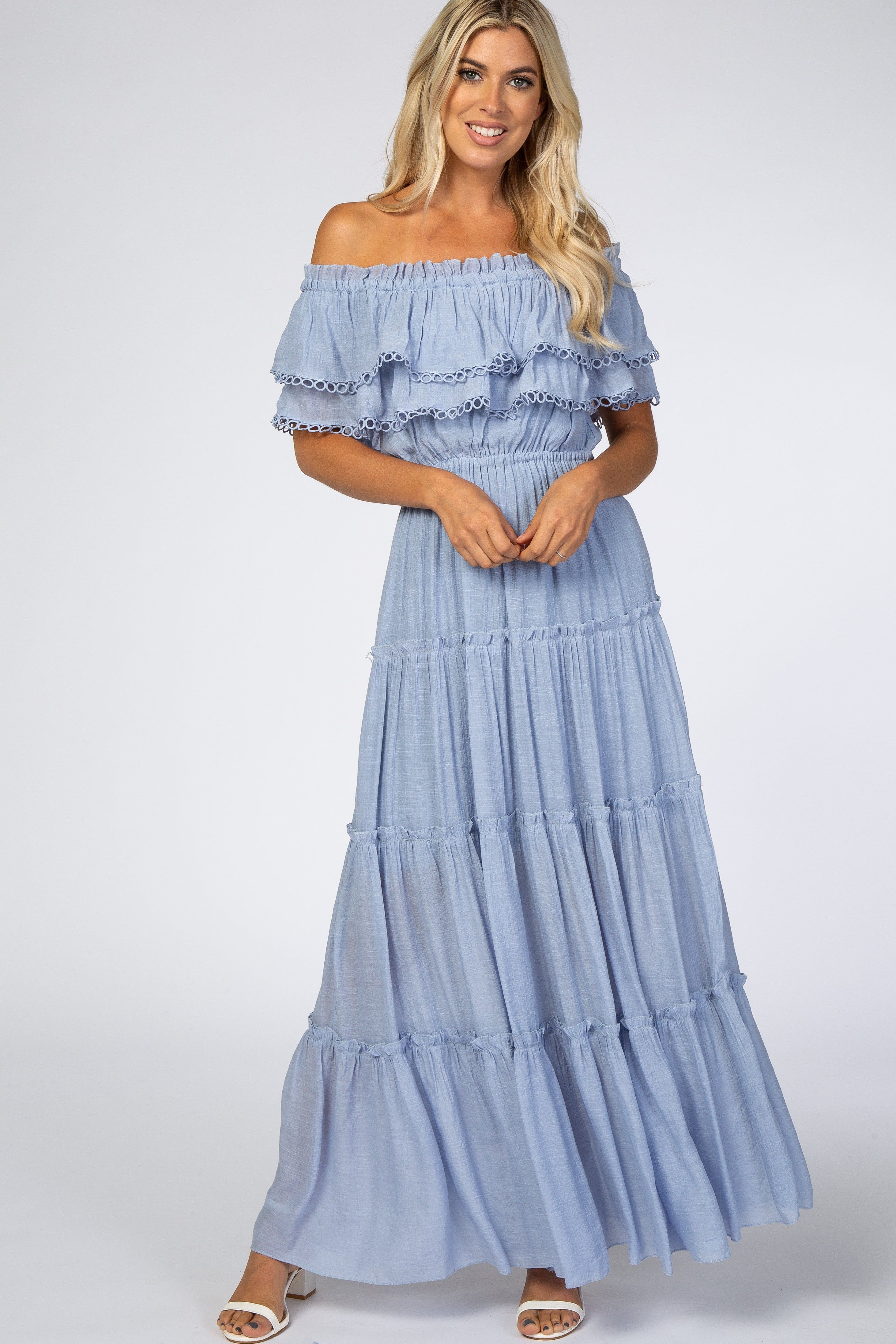 Light Blue Off Shoulder Eyelet Tiered Maxi Dress sold by Pinkblush