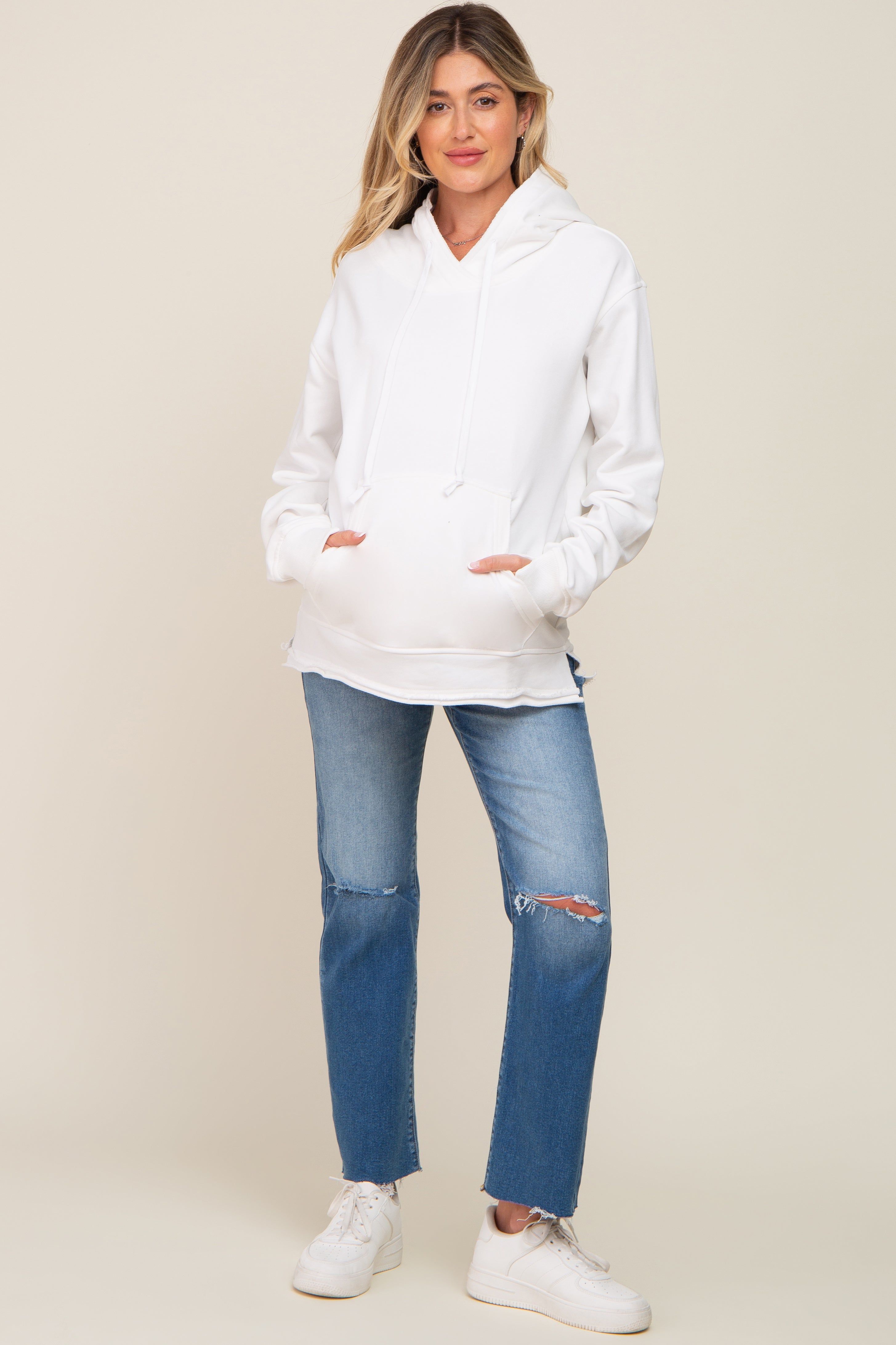 White Raw Edge Trim Maternity Drawstring Hoodie sold by Pinkblush
