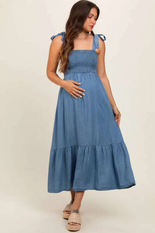 Blue Chambray Smocked Square Neck Shoulder Tie Maternity Midi Dress sold by Pinkblush