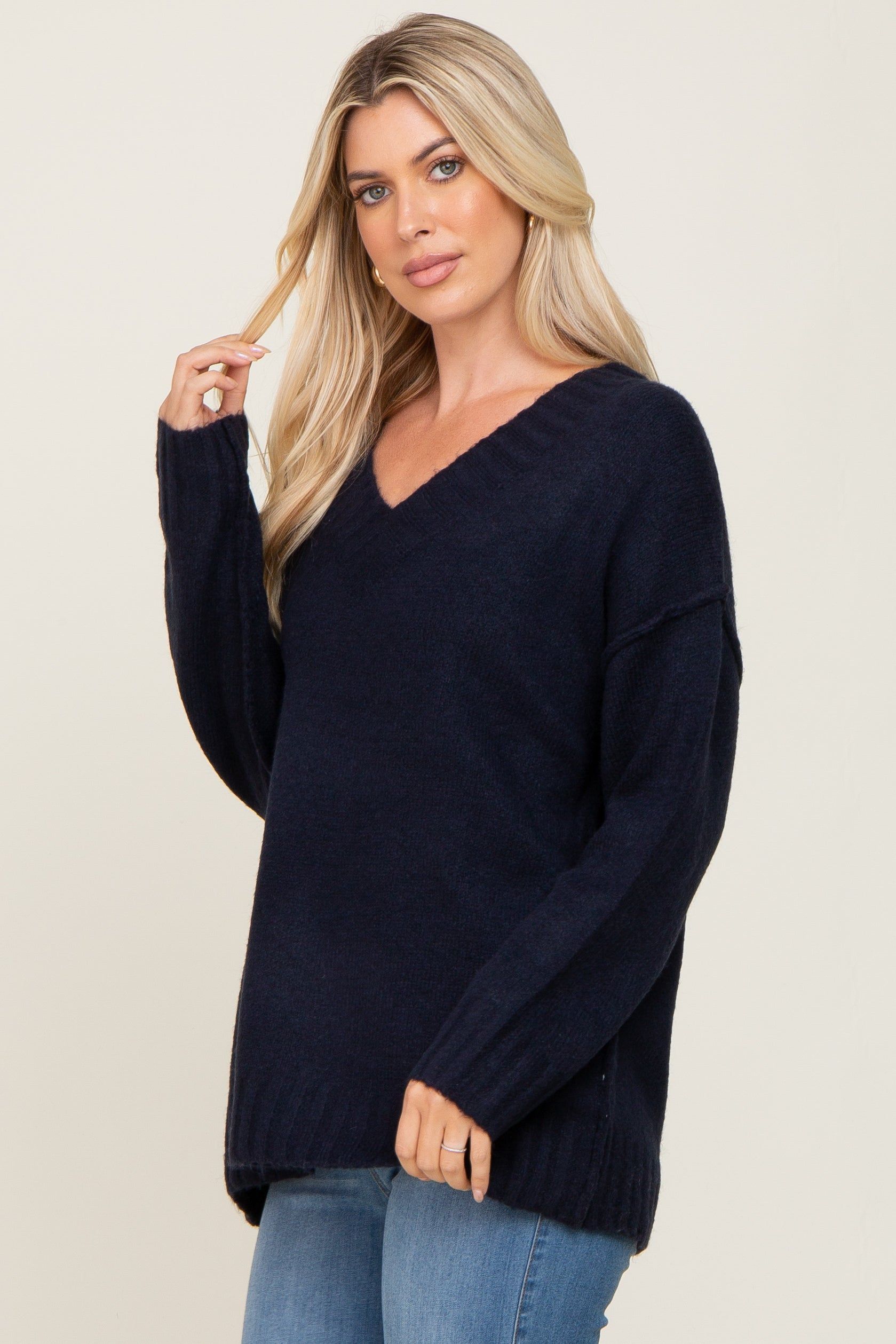Navy V-Neck Brushed Knit Sweater sold by Pinkblush product image thumbnail 2
