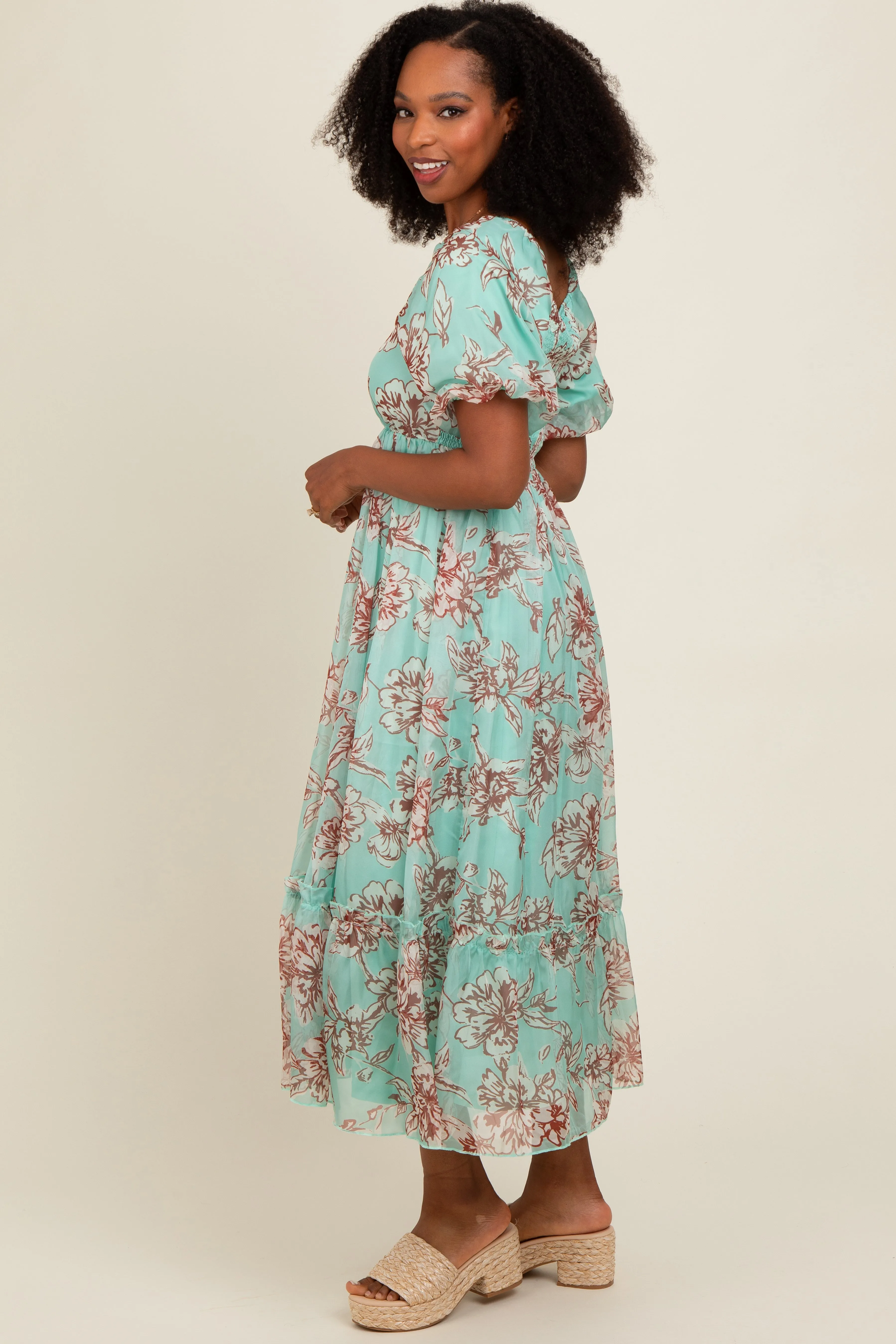 Mint Green Floral Chiffon Ruffle Hem Midi Dress sold by Pinkblush product image thumbnail 3