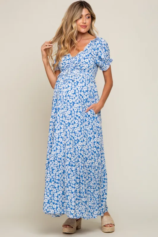 Blue Floral Cinched Bust Maternity Maxi Dress sold by Pinkblush