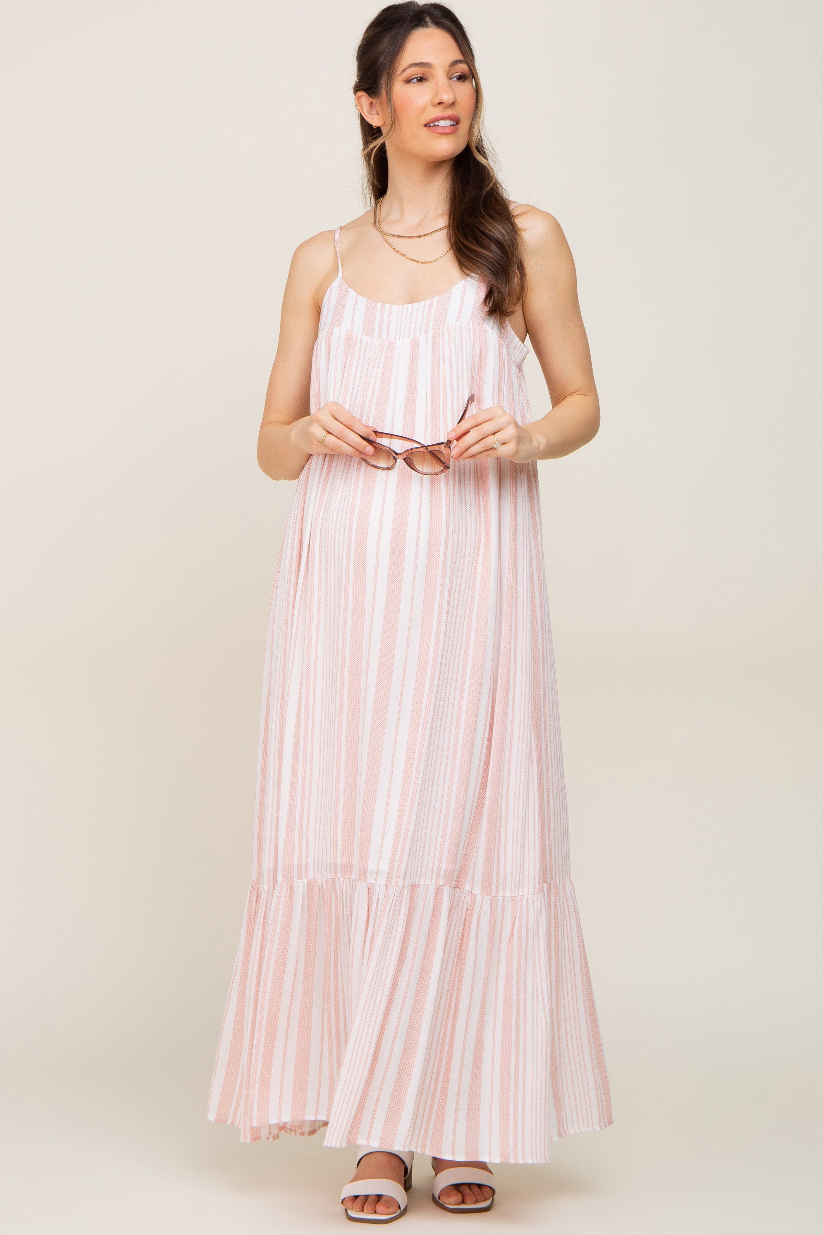 Coral Striped Sleeveless Maternity Maxi Dress sold by Pinkblush product image thumbnail 5