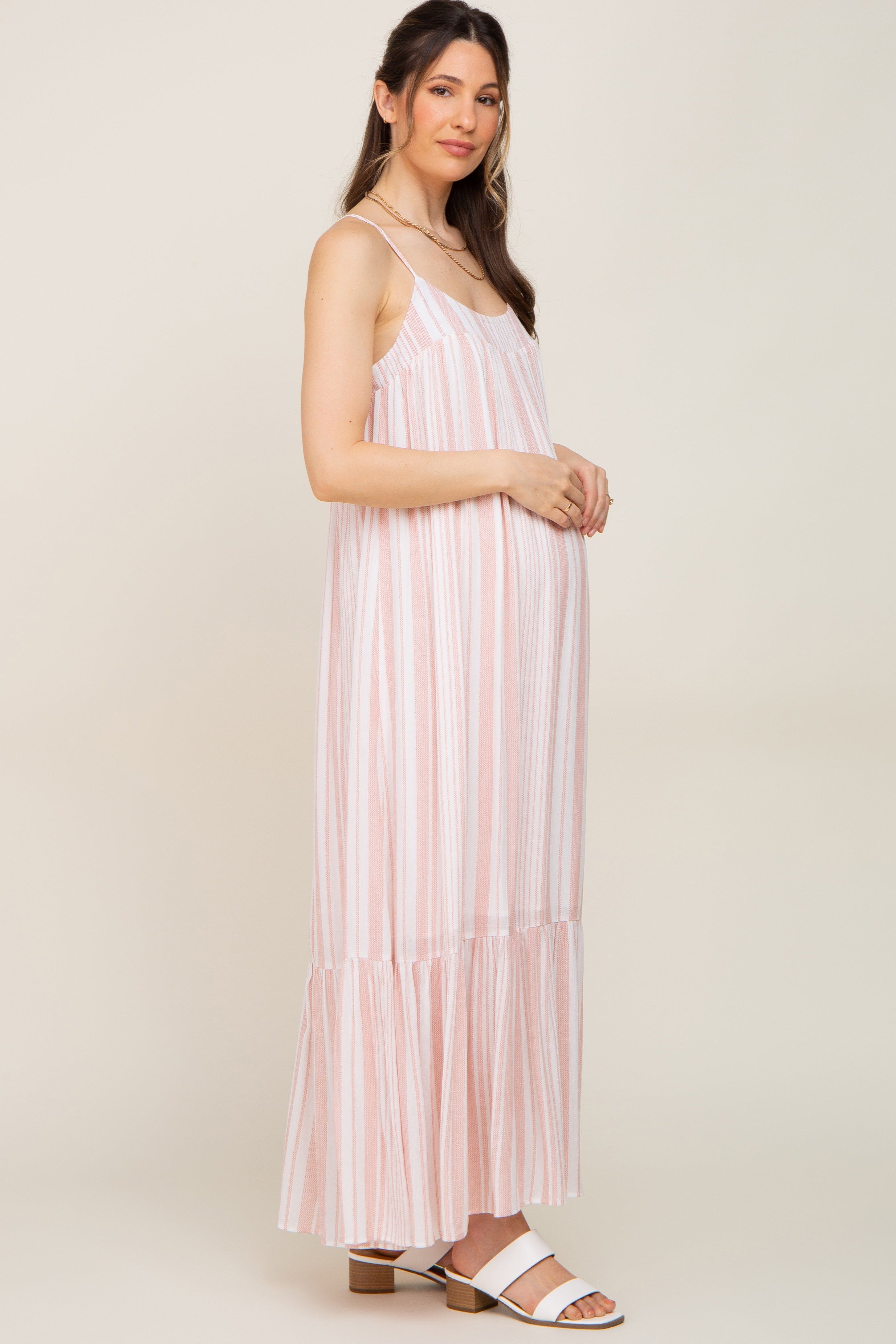 Coral Striped Sleeveless Maternity Maxi Dress sold by Pinkblush product image thumbnail 2