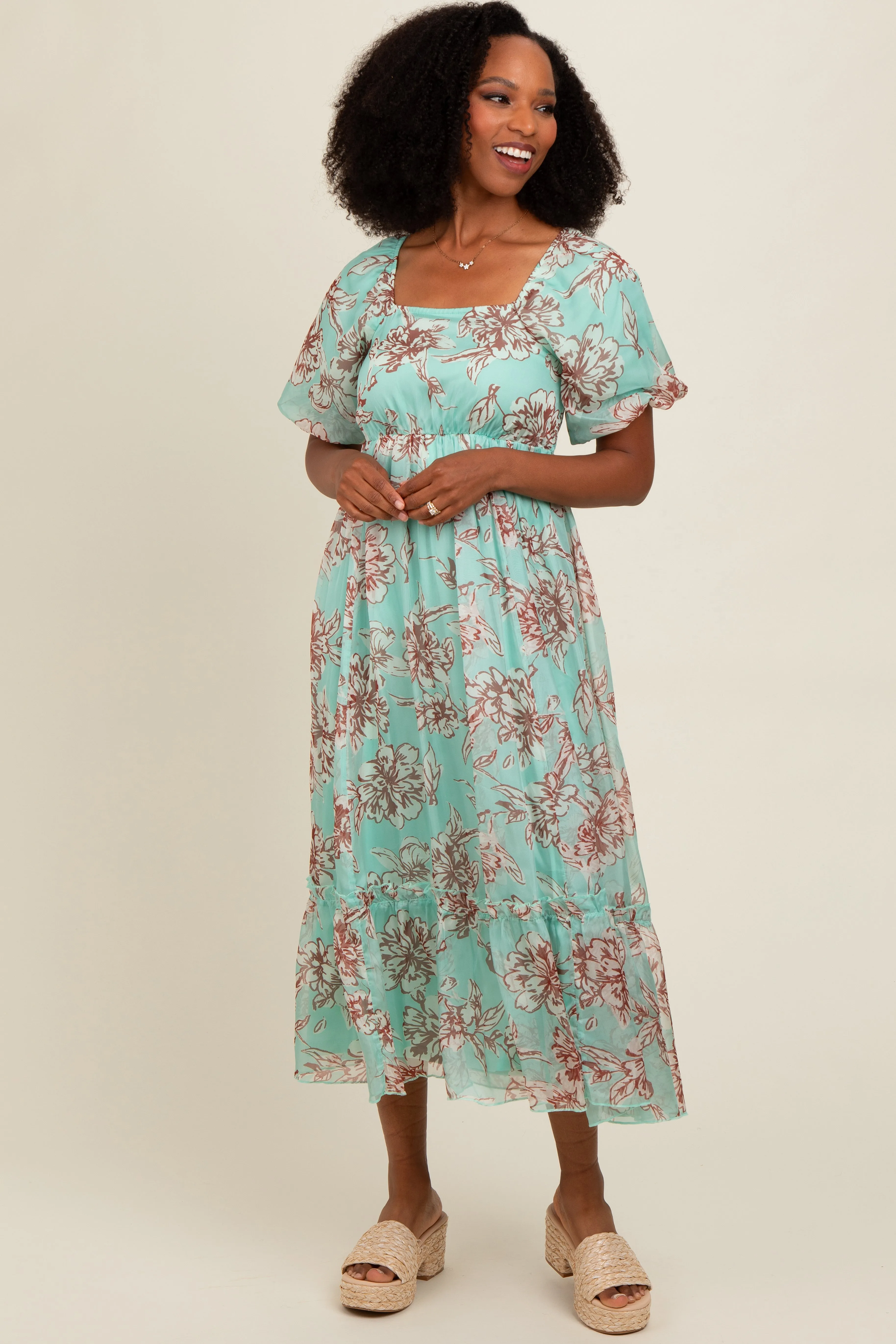 Mint Green Floral Chiffon Ruffle Hem Midi Dress sold by Pinkblush