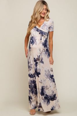 Taupe Floral Maternity Wrap Dress sold by Pinkblush