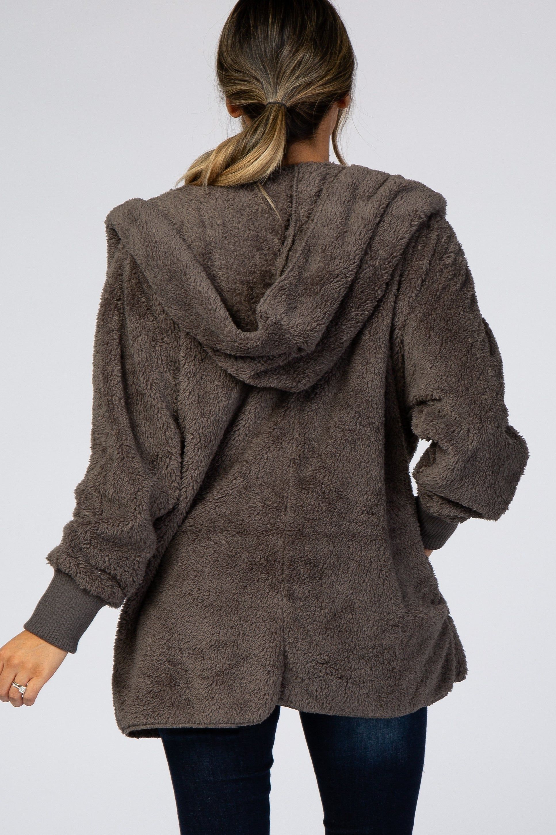 Charcoal Fuzzy Hooded Long Sleeve Jacket sold by Pinkblush product image thumbnail 4