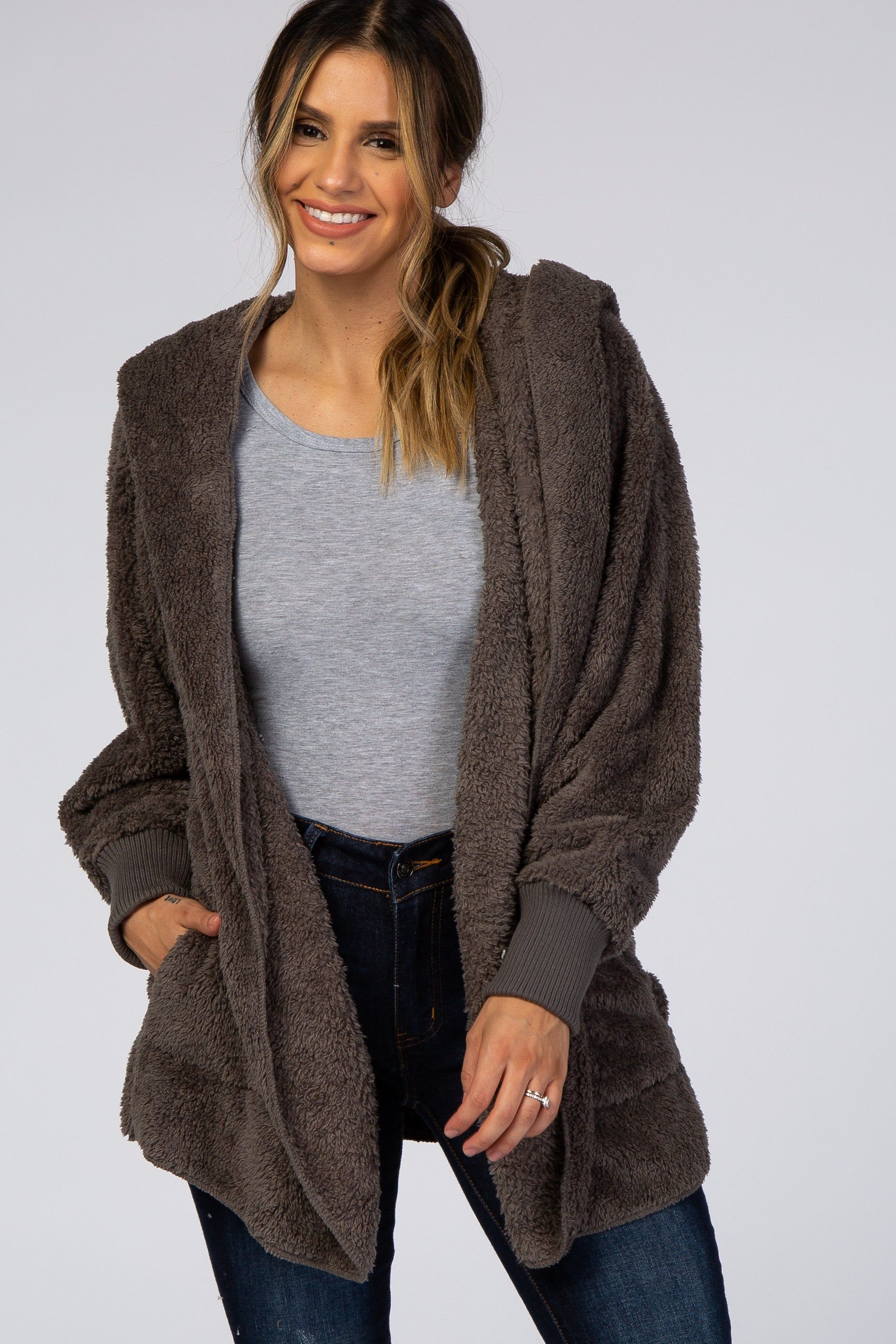 Charcoal Fuzzy Hooded Long Sleeve Jacket sold by Pinkblush