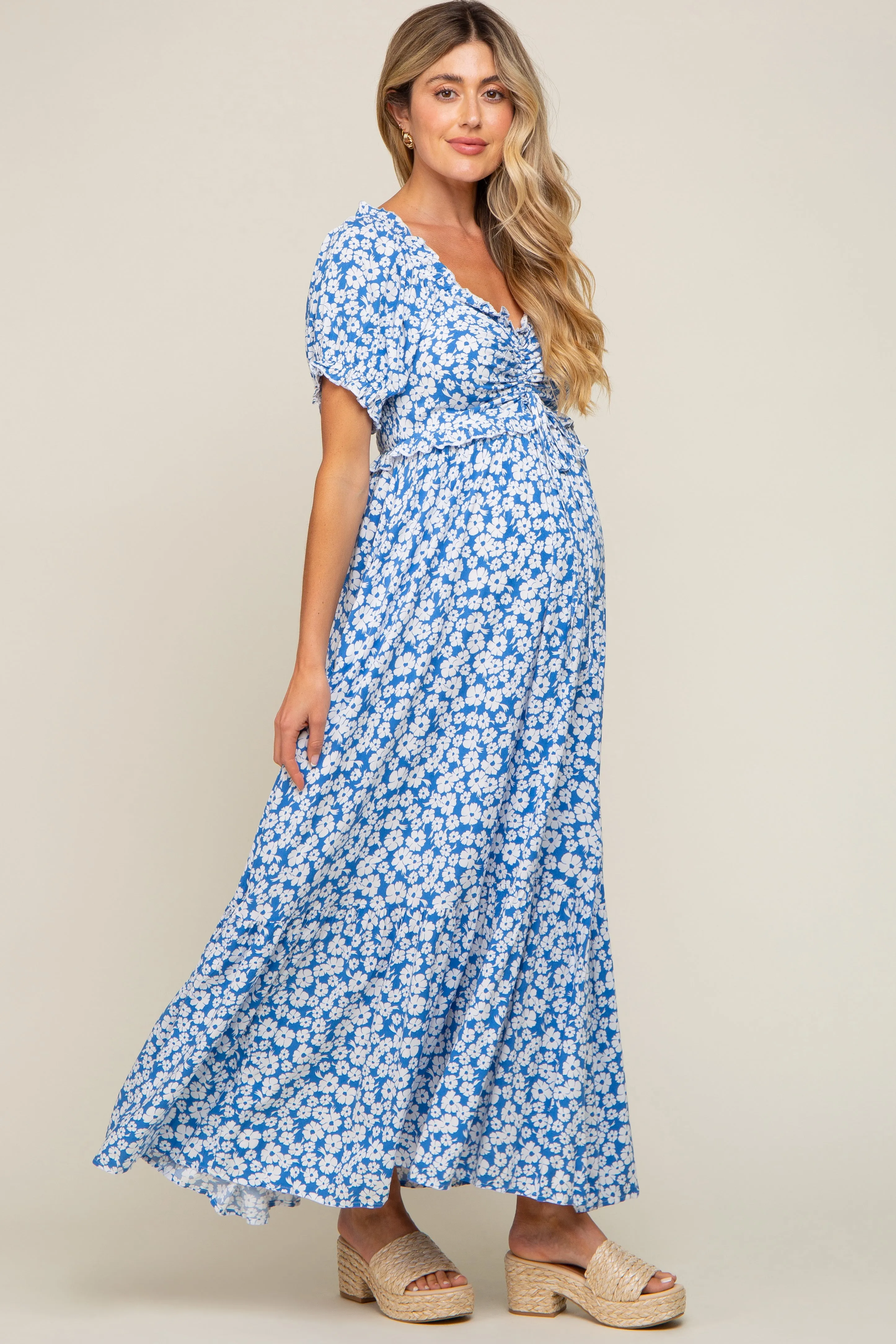 Blue Floral Cinched Bust Maternity Maxi Dress sold by Pinkblush product image thumbnail 3