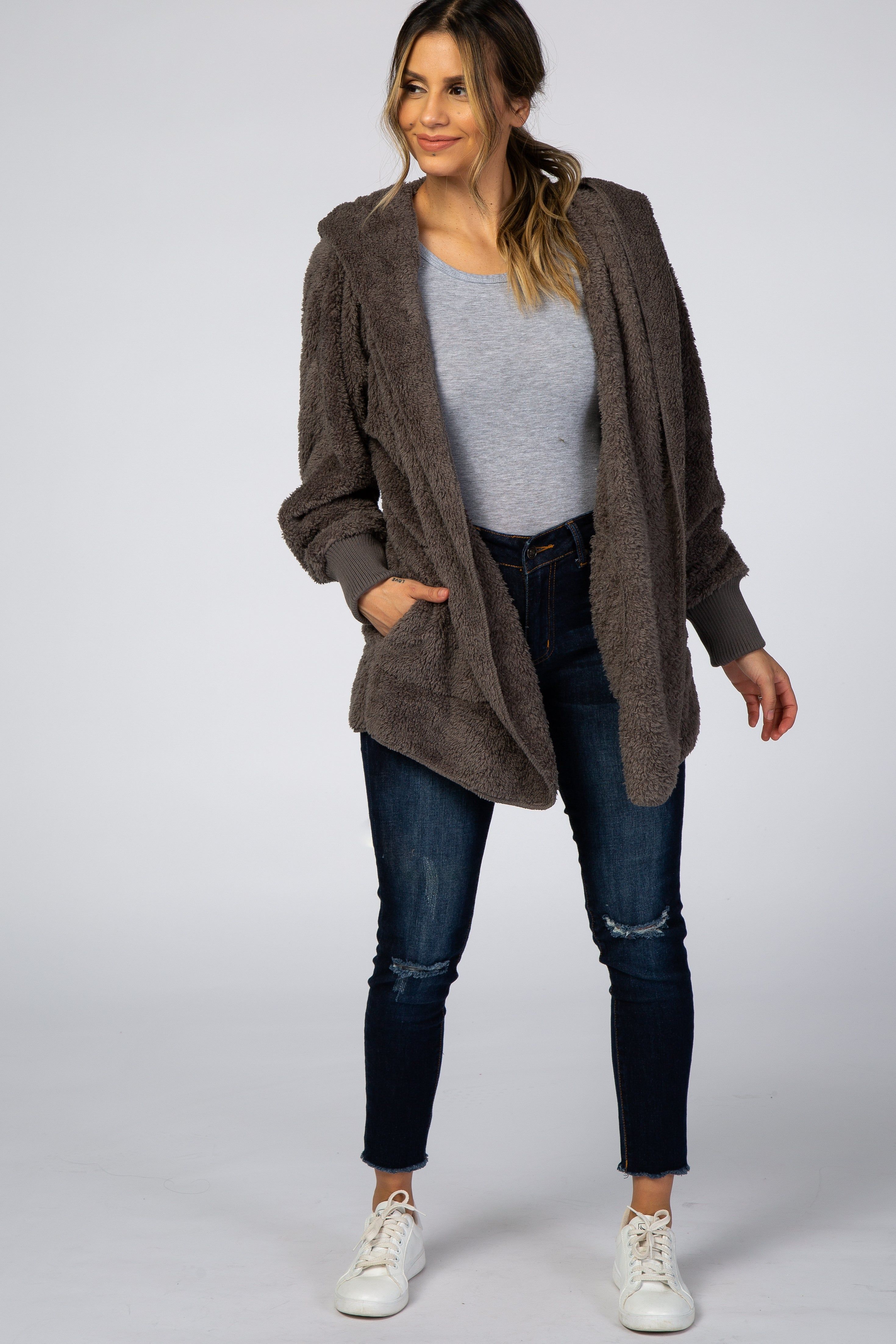 Charcoal Fuzzy Hooded Long Sleeve Jacket sold by Pinkblush product image thumbnail 2