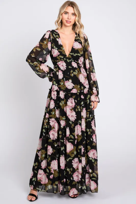 Black Floral Chiffon V-Neck Lettuce Edge Tiered Maxi Dress sold by Pinkblush