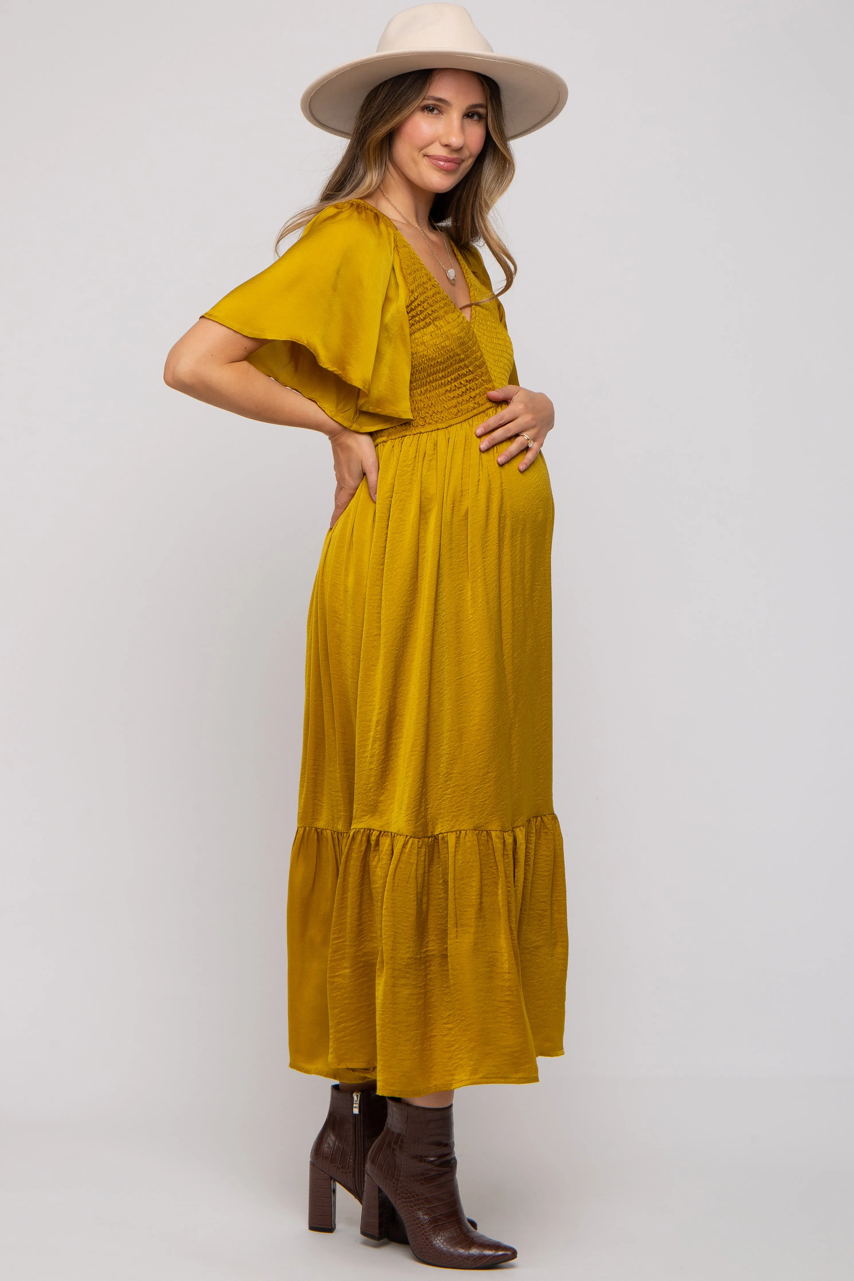 Gold Satin Smocked Maternity Midi Dress sold by Pinkblush product image thumbnail 2