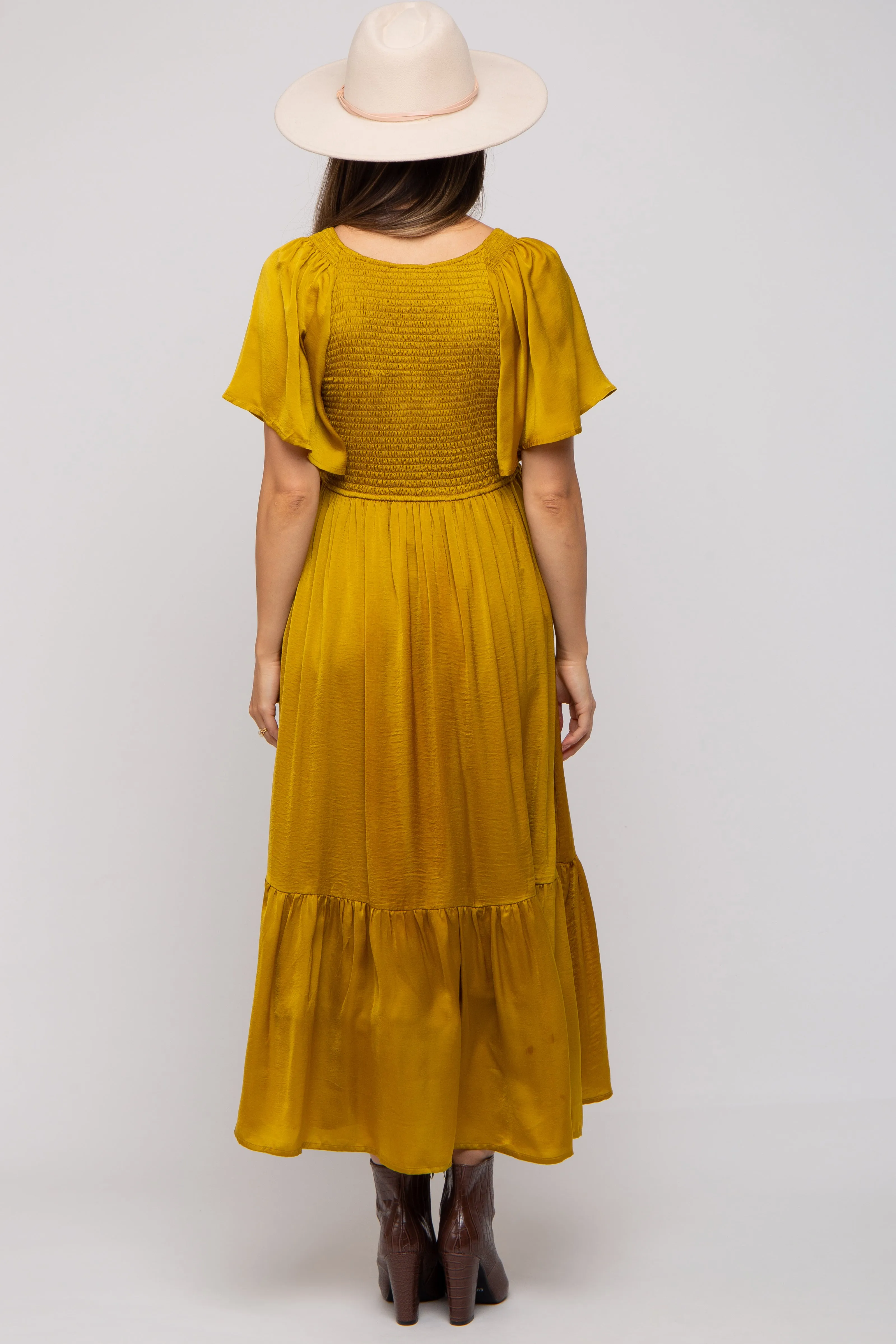 Gold Satin Smocked Maternity Midi Dress sold by Pinkblush product image thumbnail 3