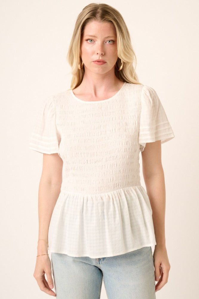 White Smocking Detail Peplum Blouse sold by Pinkblush