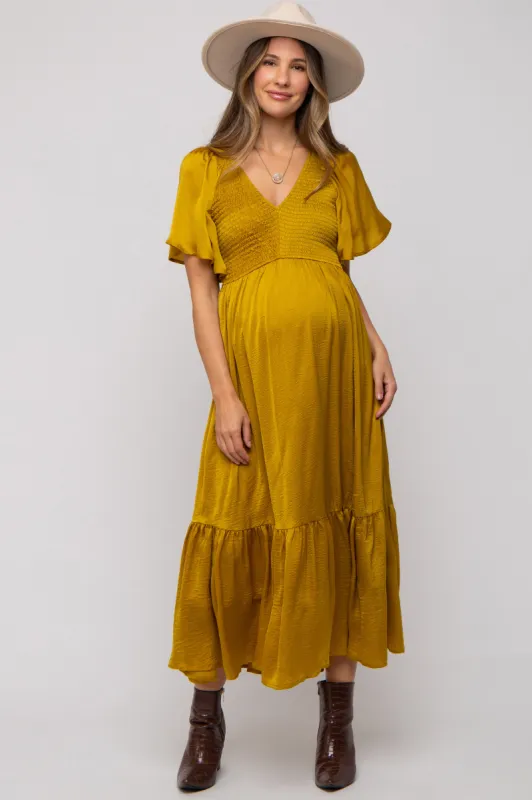 Gold Satin Smocked Maternity Midi Dress sold by Pinkblush