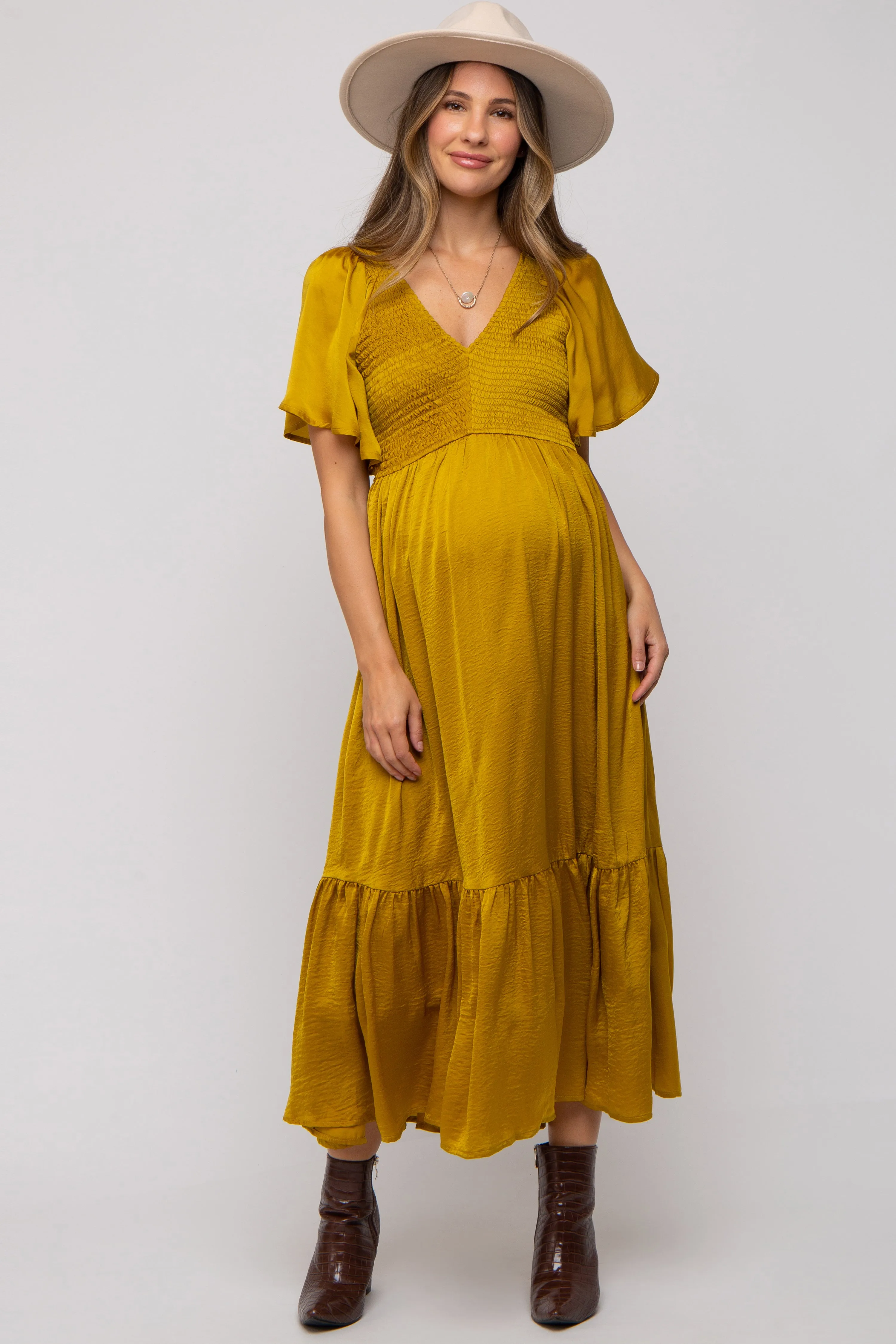 Gold Satin Smocked Maternity Midi Dress sold by Pinkblush