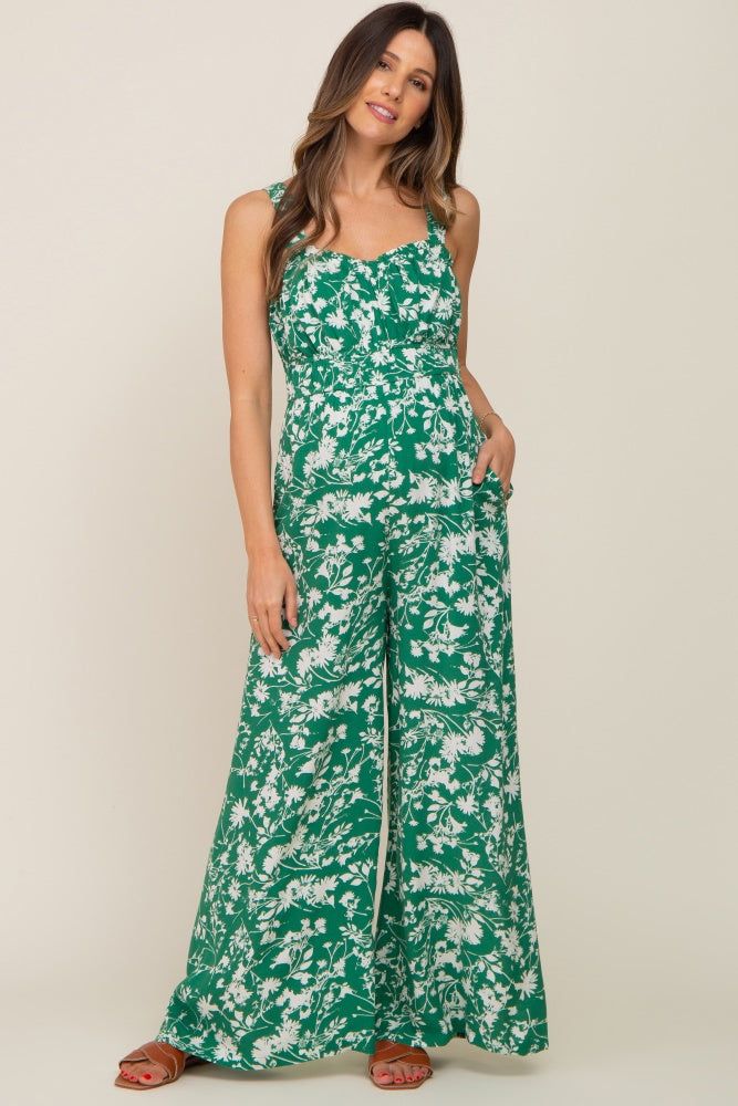 Green Floral Sweetheart Neck Maternity Jumpsuit sold by Pinkblush