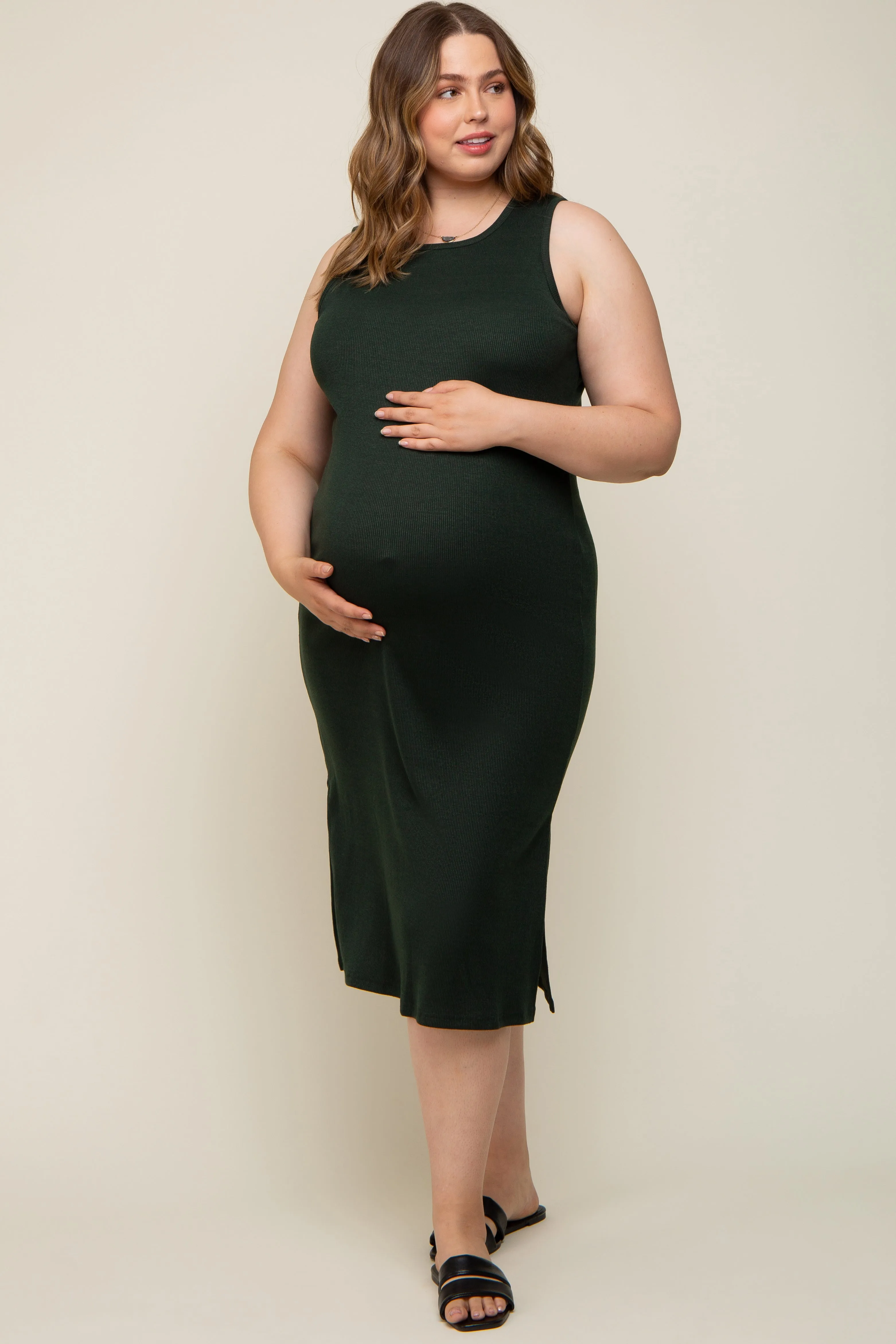 Forest Green Basic Ribbed Side Slit Maternity Plus Midi Dress sold by Pinkblush product image thumbnail 4