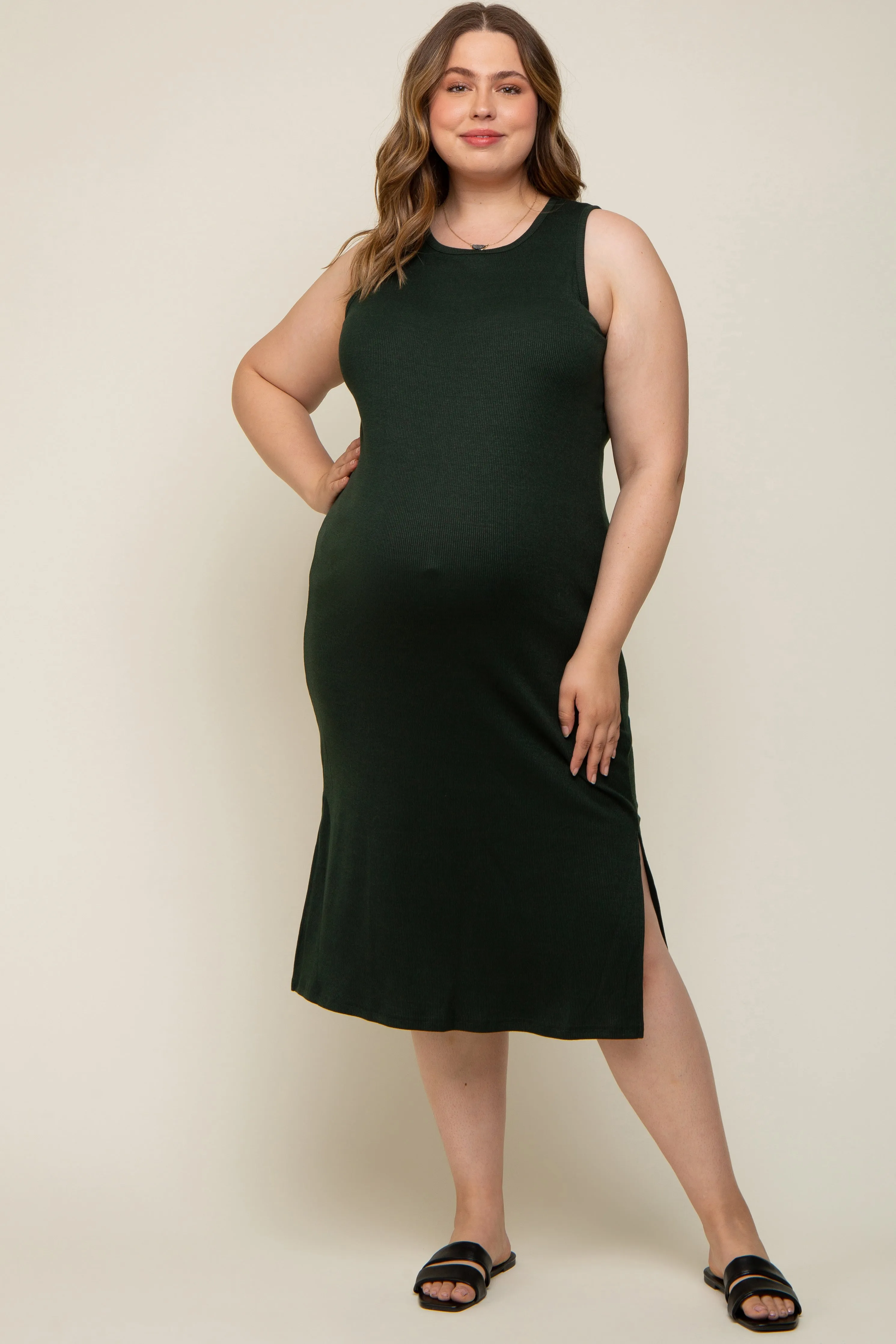 Forest Green Basic Ribbed Side Slit Maternity Plus Midi Dress sold by Pinkblush