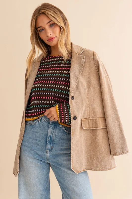 Beige Denim Front Pocket Blazer sold by Pinkblush