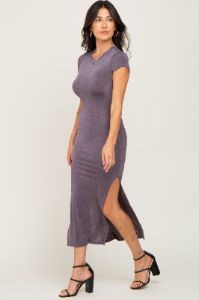 Charcoal Short Sleeve Side Slit Maxi Dress sold by Pinkblush