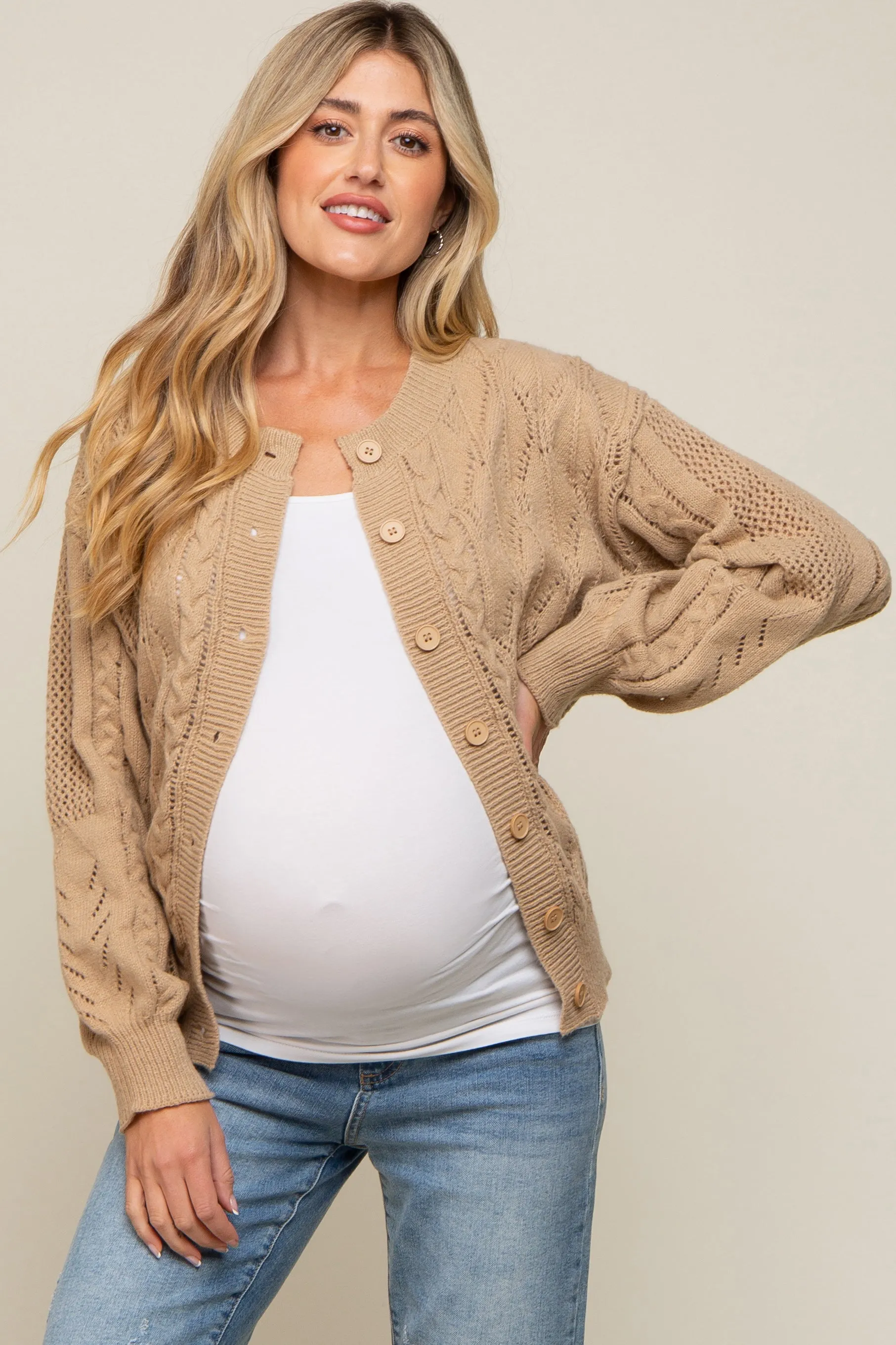 Beige Mixed Knit Maternity Cardigan sold by Pinkblush