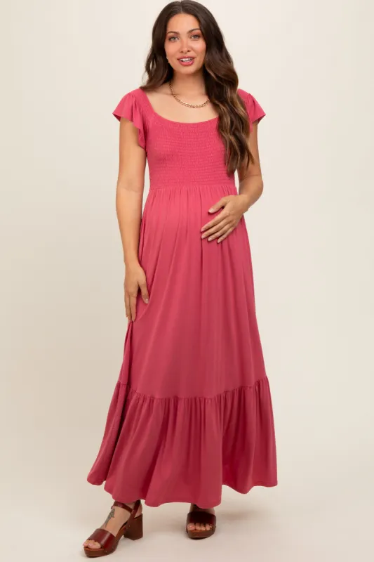 Magenta Smocked Ruffle Hem Maternity Maxi Dress sold by Pinkblush