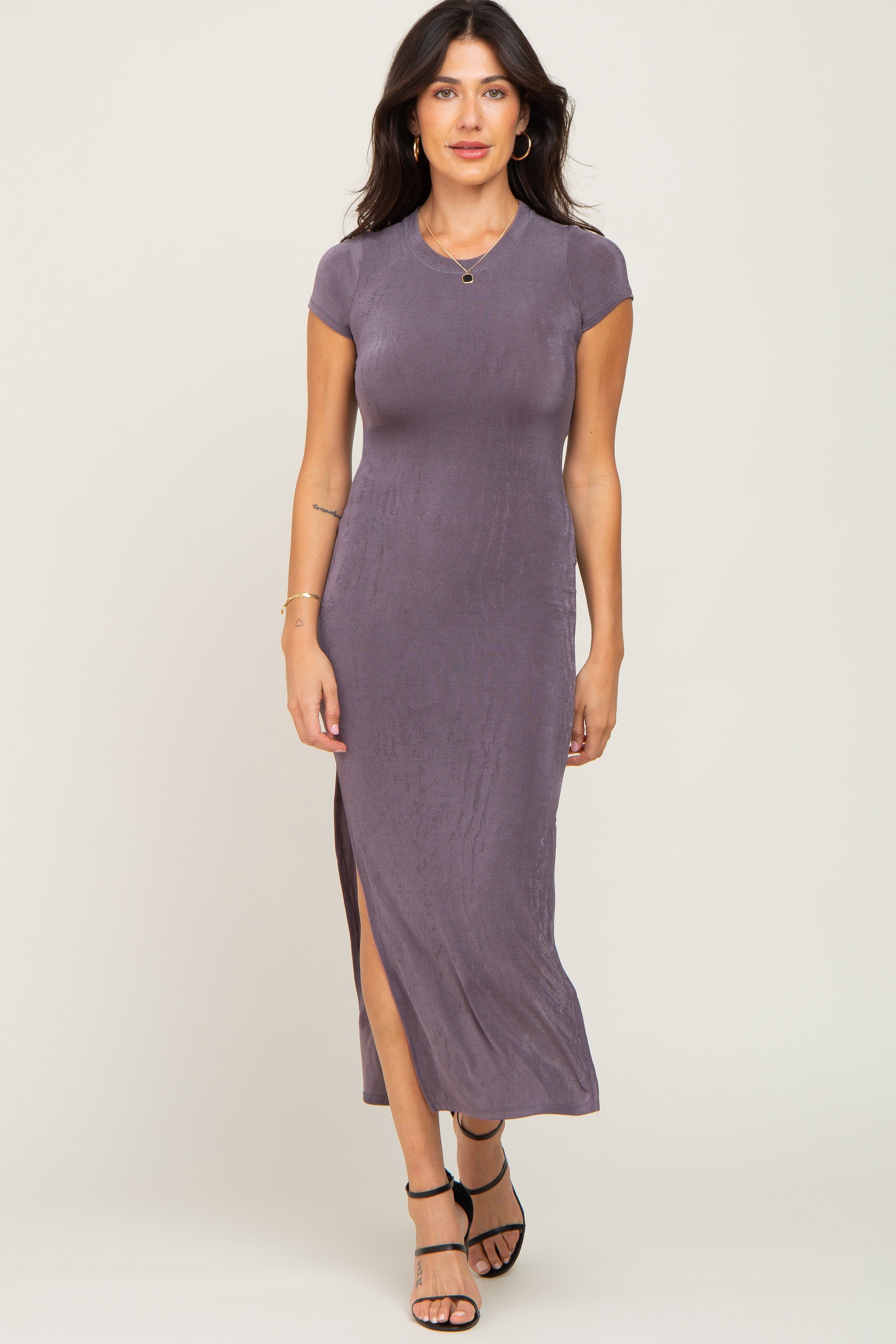 Charcoal Short Sleeve Side Slit Maxi Dress sold by Pinkblush product image thumbnail 5