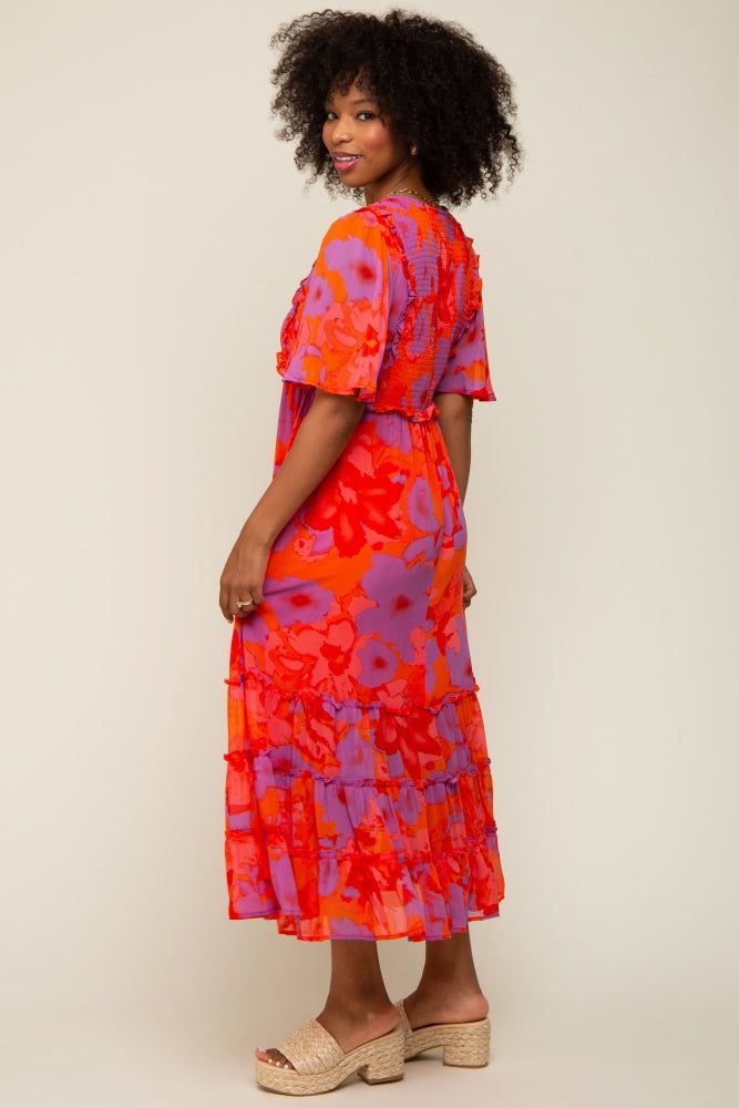 Red Orange Floral Ruffle Tier Accent Midi Dress sold by Pinkblush product image thumbnail 2