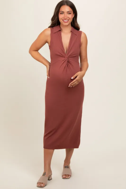Brown Collared Sleeveless Twist Knit Maternity Midi Dress sold by Pinkblush
