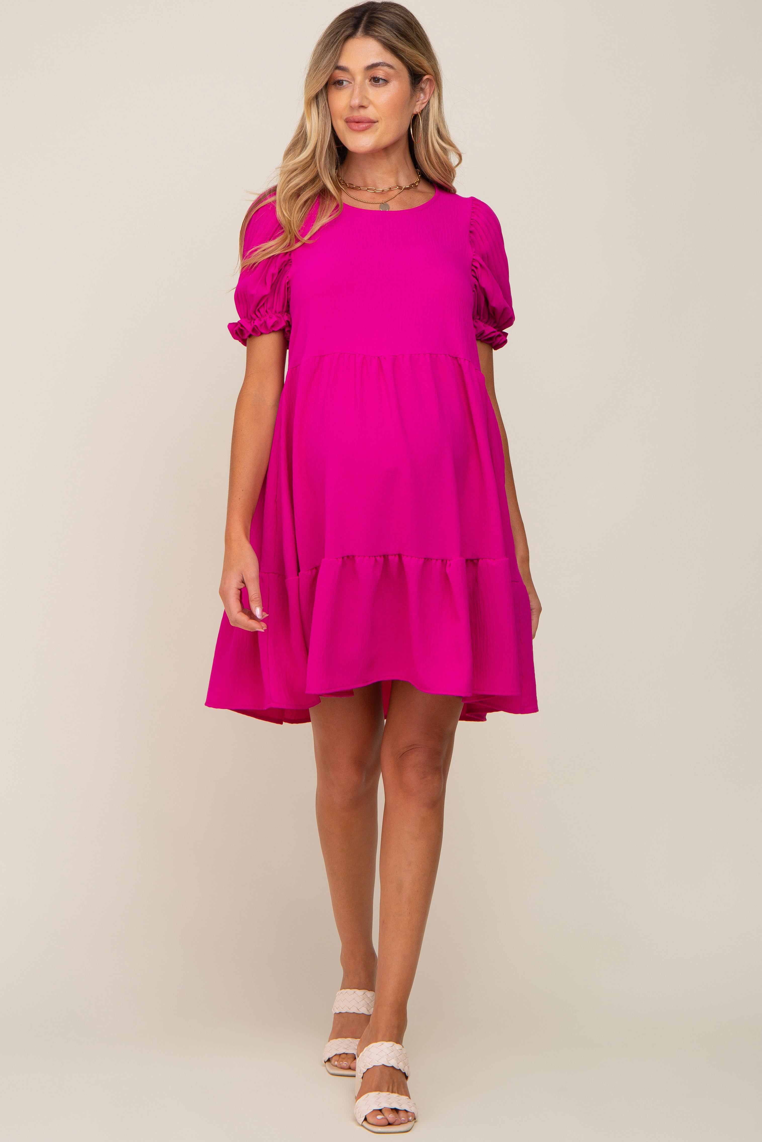 Fuchsia Tiered Puff Sleeve Maternity Dress sold by Pinkblush