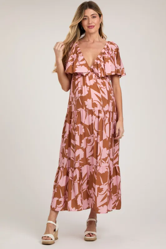 Pink Floral Deep V-Neck Ruffle Maternity Midi Dress sold by Pinkblush