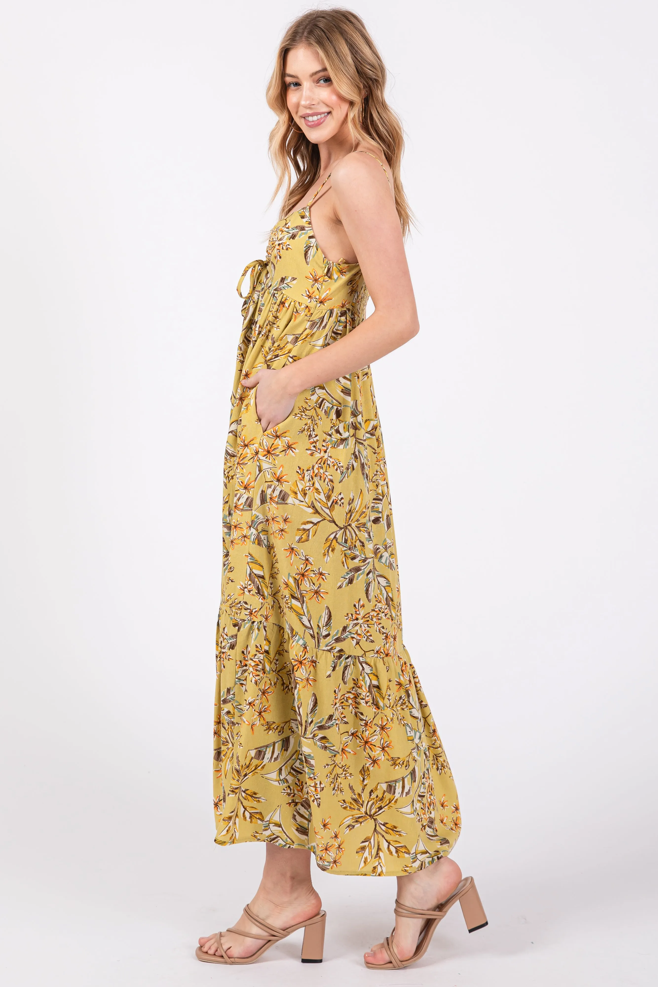 Lime Floral Sleeveless Front Cinched Midi Dress sold by Pinkblush product image thumbnail 2