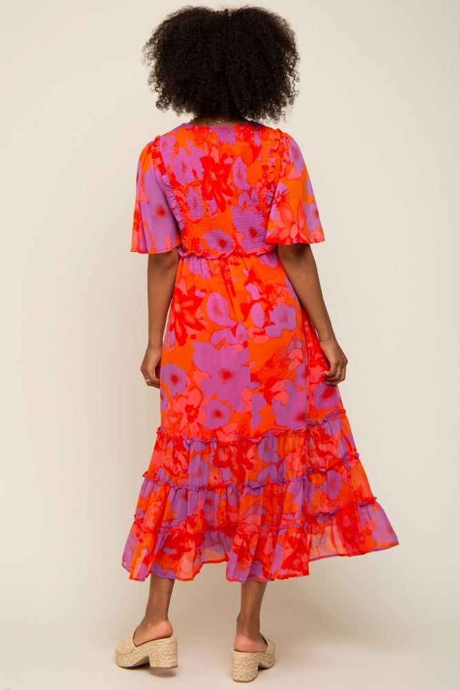 Red Orange Floral Ruffle Tier Accent Midi Dress sold by Pinkblush product image thumbnail 3
