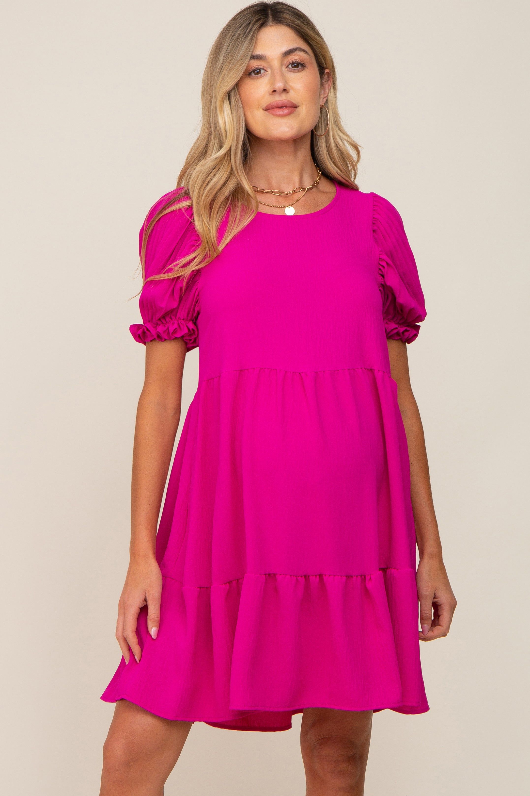Fuchsia Tiered Puff Sleeve Maternity Dress sold by Pinkblush product image thumbnail 2