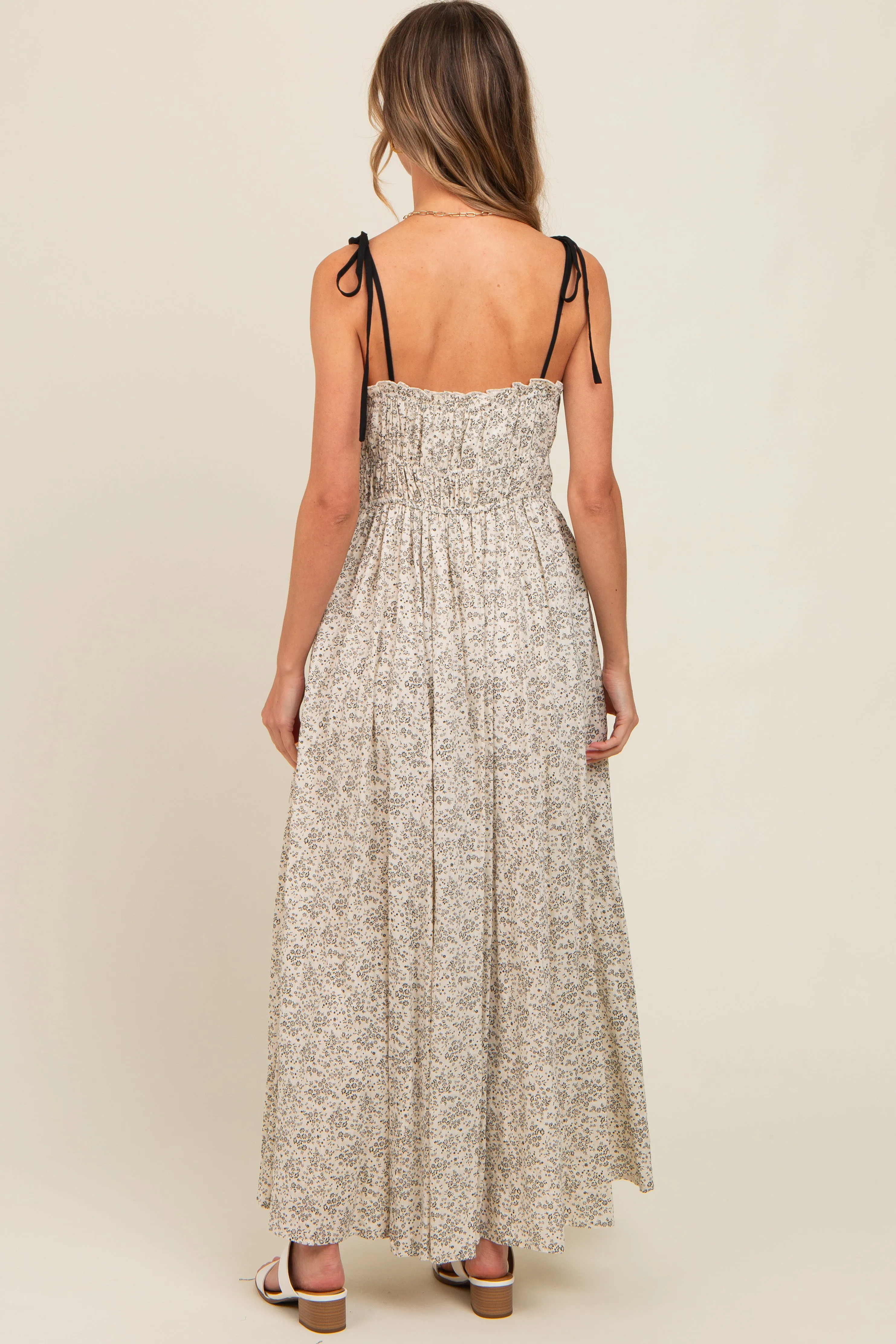 Cream Floral Contrast Ribbon Trim Maxi Dress sold by Pinkblush product image thumbnail 4