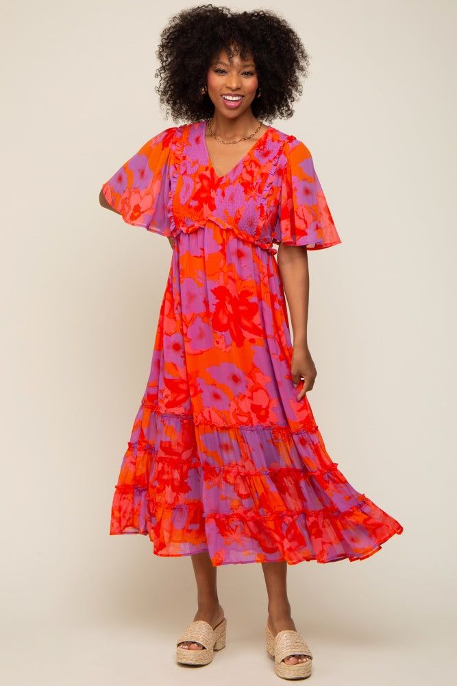 Red Orange Floral Ruffle Tier Accent Midi Dress sold by Pinkblush product image thumbnail 4
