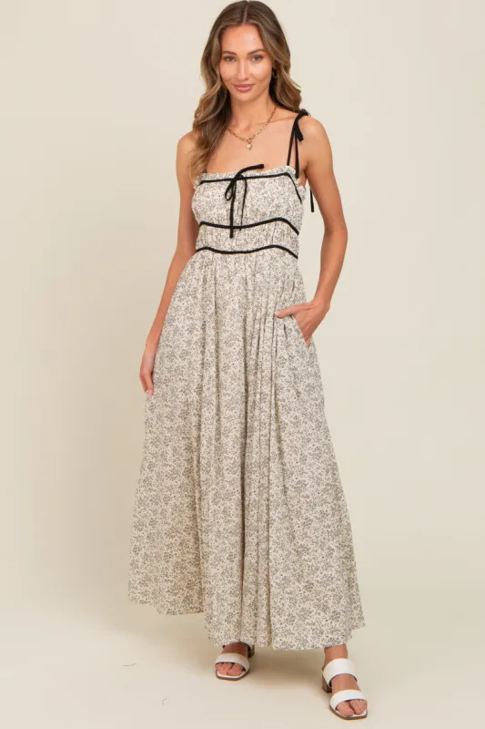 Cream Floral Contrast Ribbon Trim Maxi Dress sold by Pinkblush