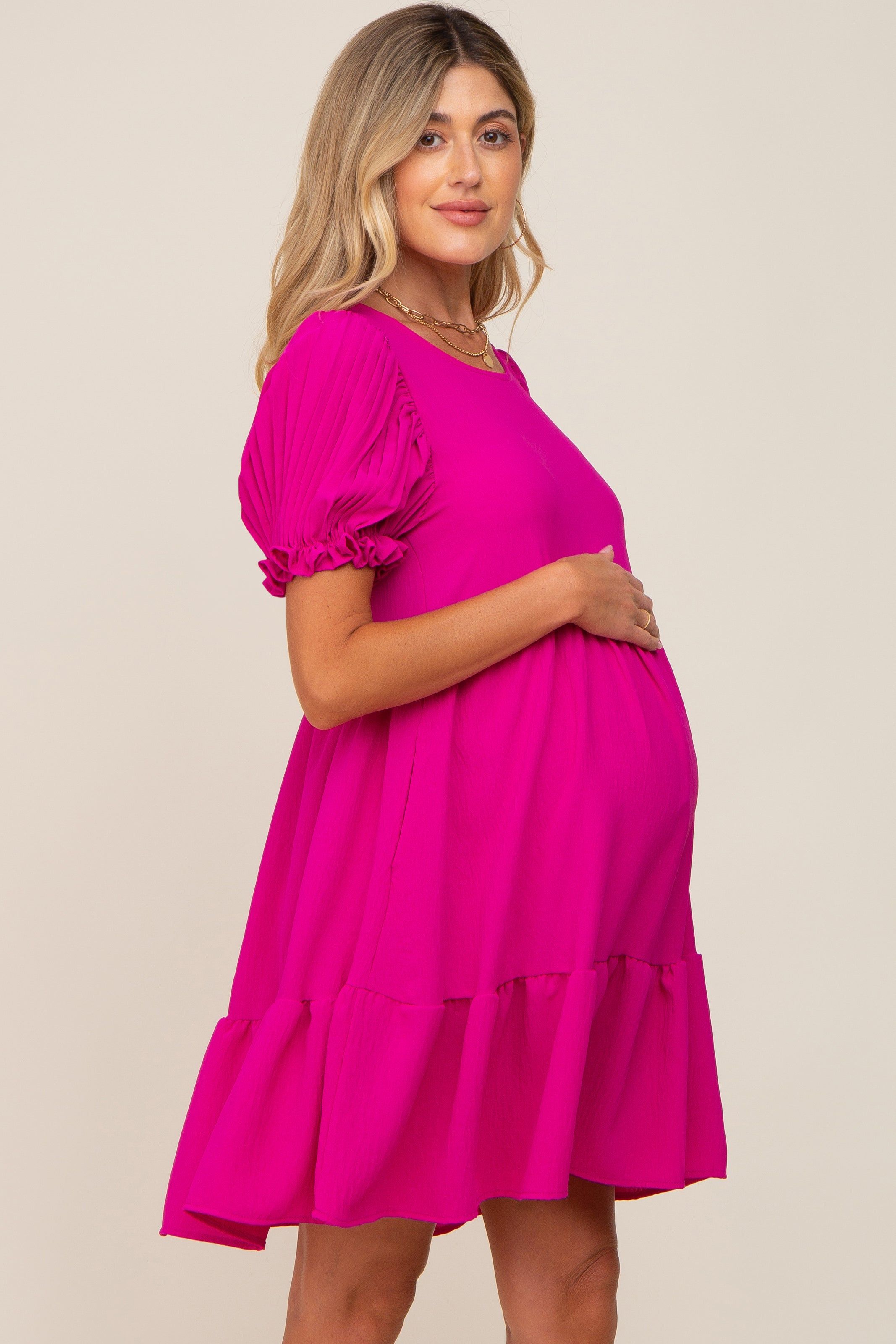 Fuchsia Tiered Puff Sleeve Maternity Dress sold by Pinkblush product image thumbnail 3