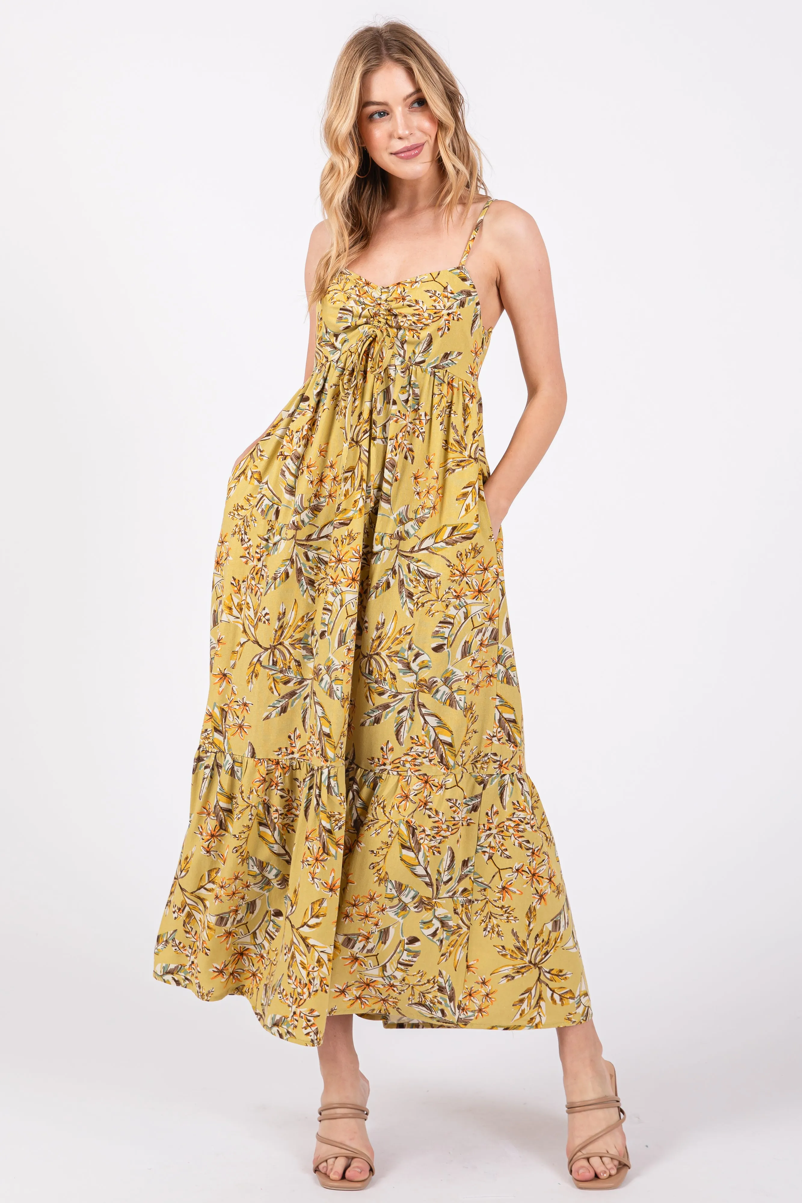 Lime Floral Sleeveless Front Cinched Midi Dress sold by Pinkblush