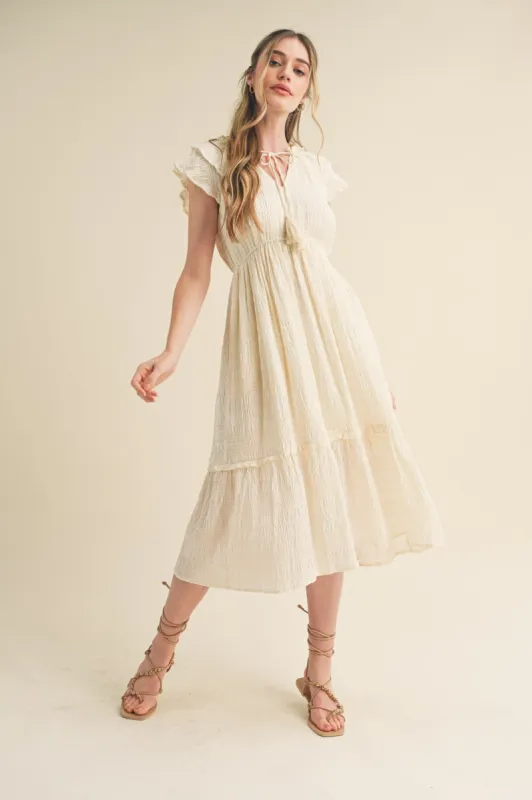 Ivory Tie Front Ruffle Sleeve Midi Dress sold by Pinkblush