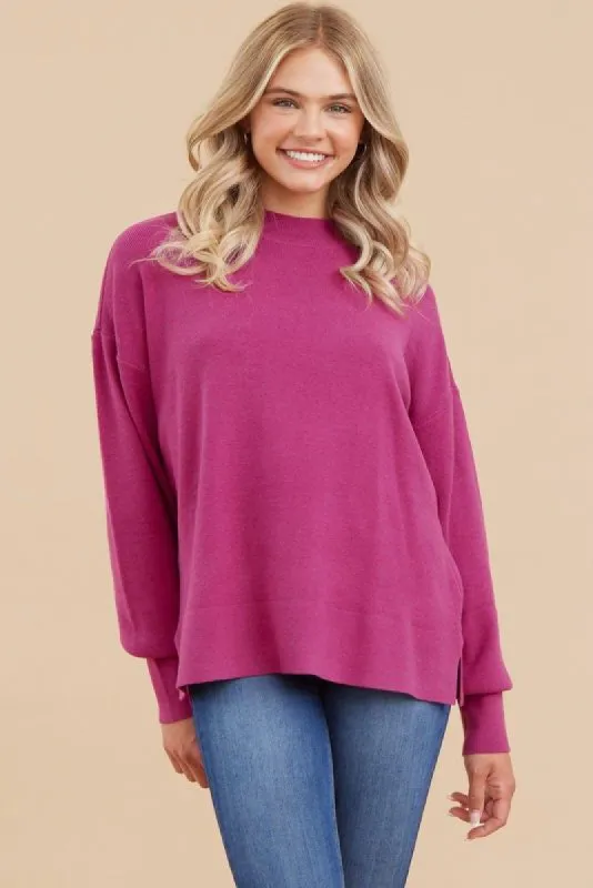 Magenta Knit Mock Neck Long Sleeve Top sold by Pinkblush