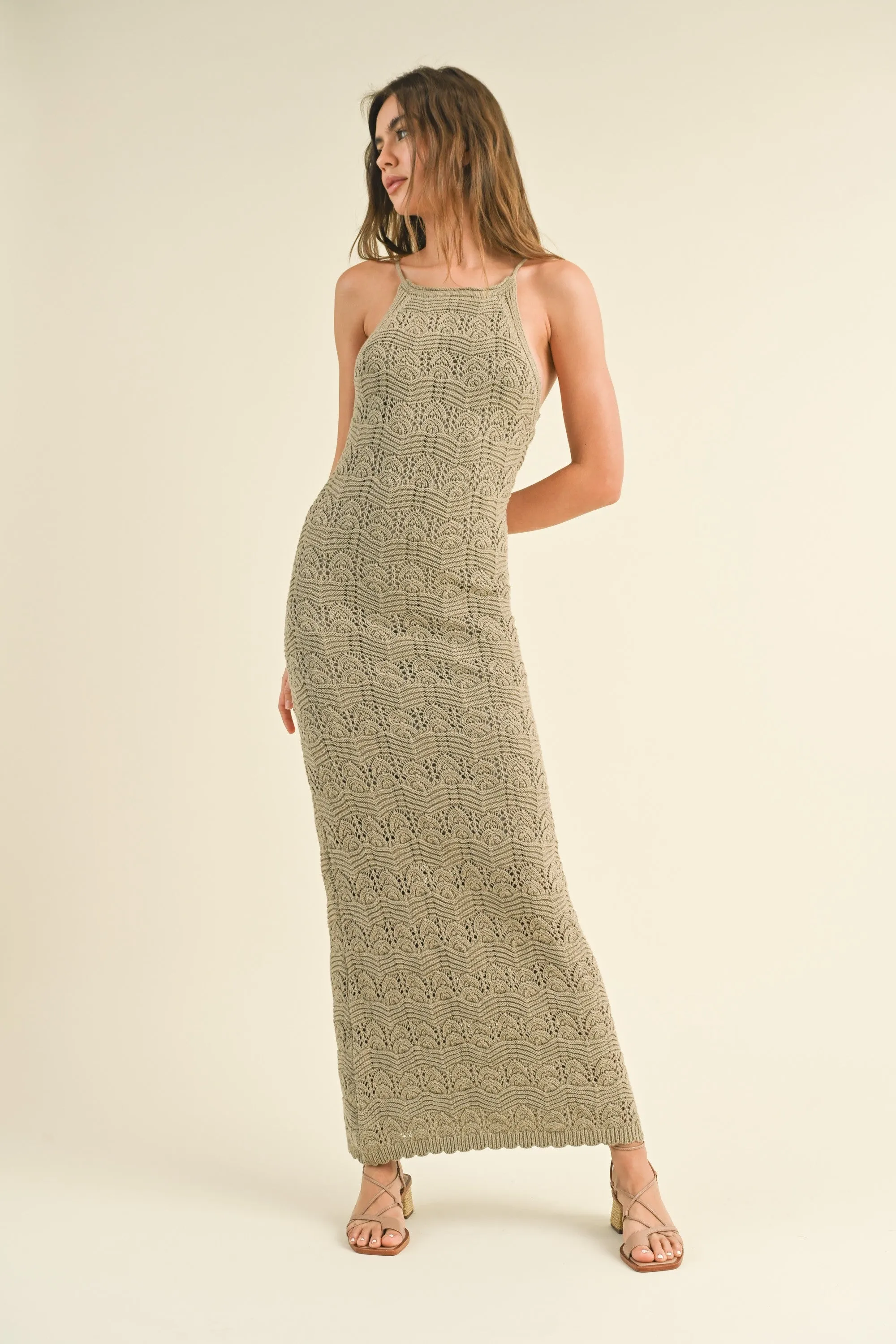 Taupe Crochet Knit Back Cutout Maxi Dress sold by Pinkblush