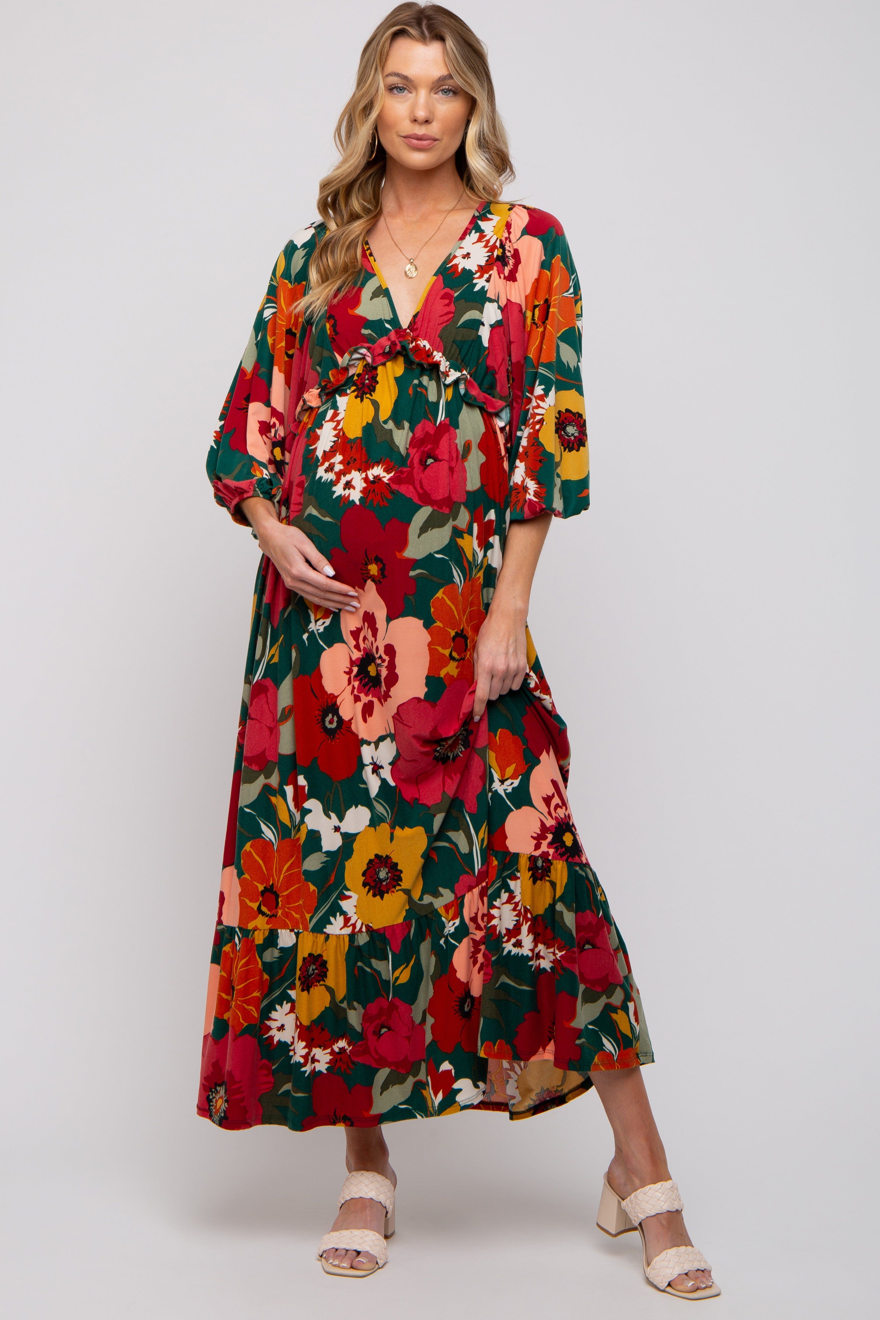 Forest Green Ruffle Accent Maternity Maxi Dress sold by Pinkblush