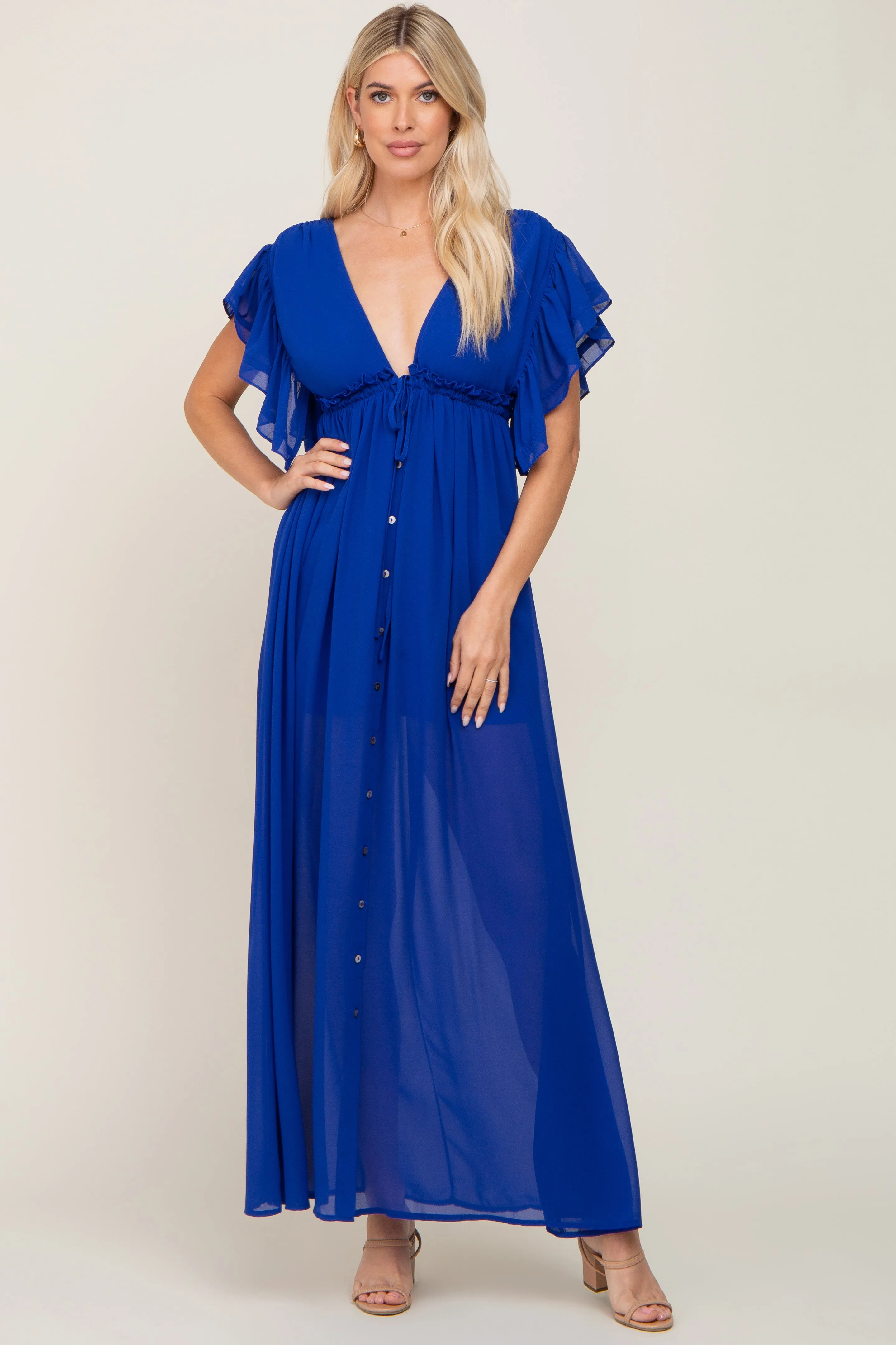 Royal Blue Flounce Button Front Maxi Dress sold by Pinkblush product image thumbnail 4