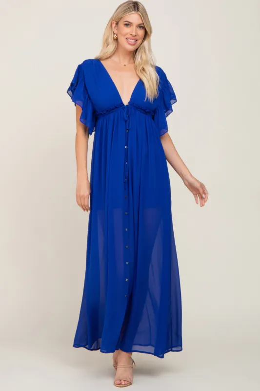 Royal Blue Flounce Button Front Maxi Dress sold by Pinkblush